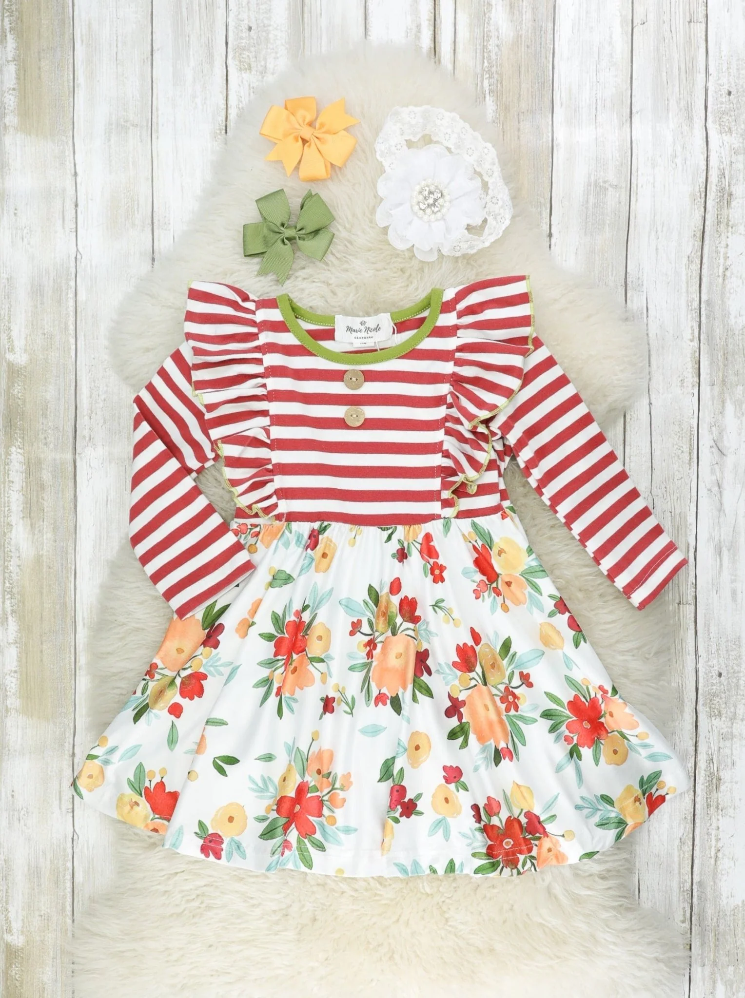 Red Striped Floral Ruffle Dress