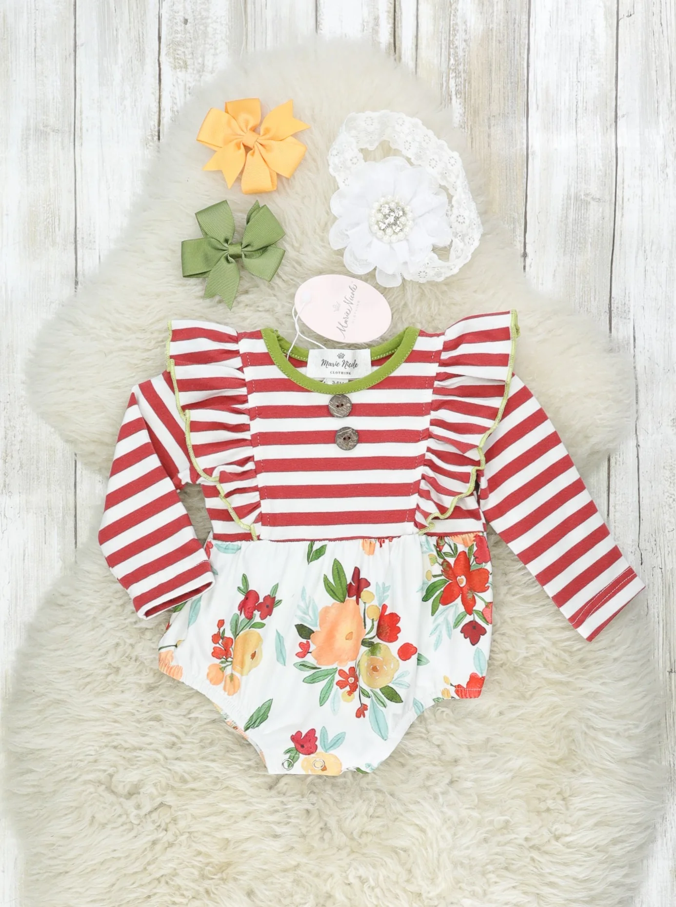 Red Striped Floral Ruffle Romper