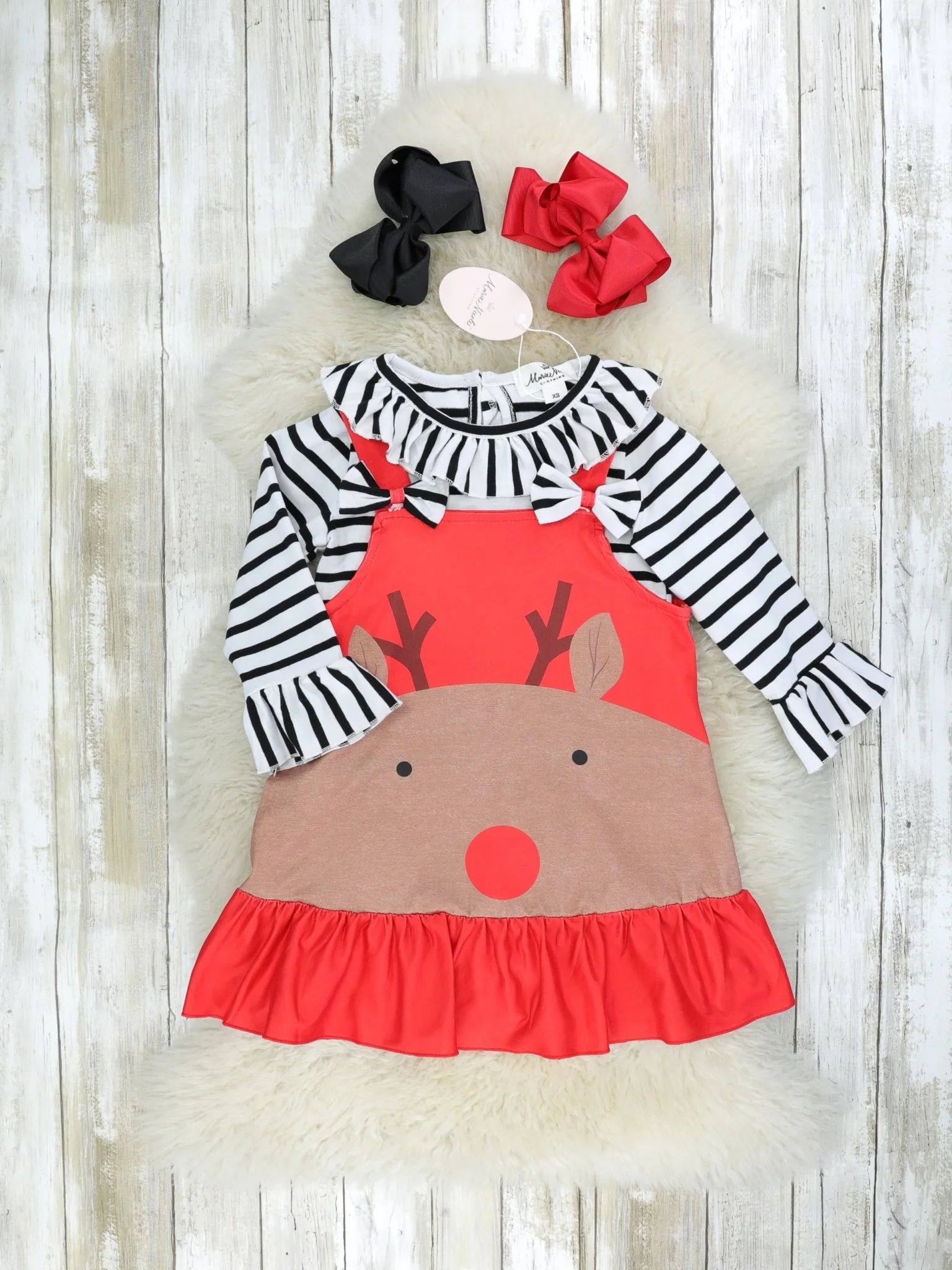 Red Striped Reindeer Ruffle Dress