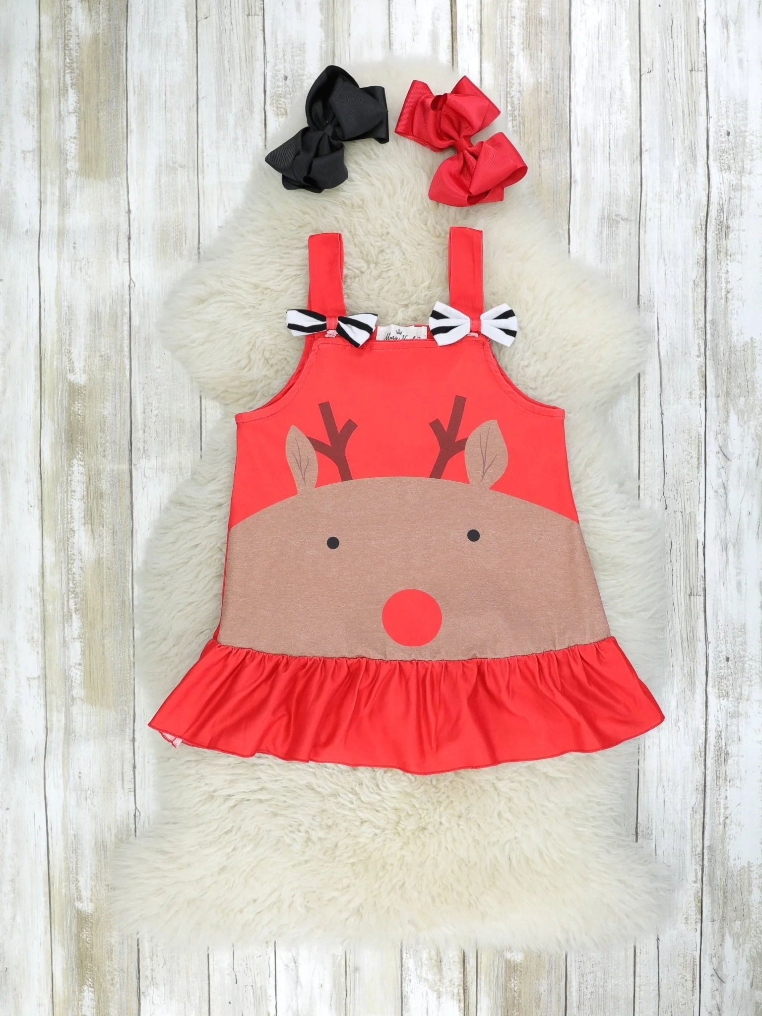 Red Striped Reindeer Ruffle Dress - Image 3
