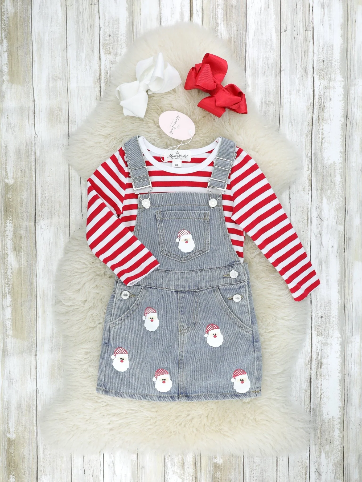 Red Striped Shirt & Denim Santa Overall Dress Set