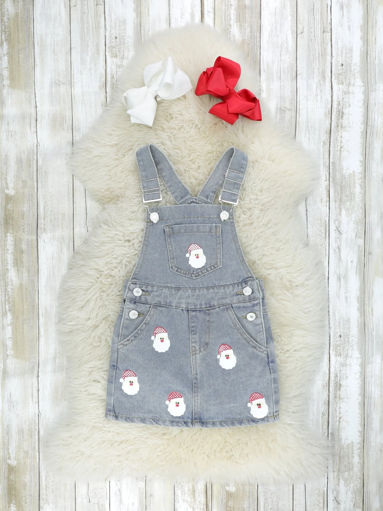Red Striped Shirt & Denim Santa Overall Dress Set - Image 3