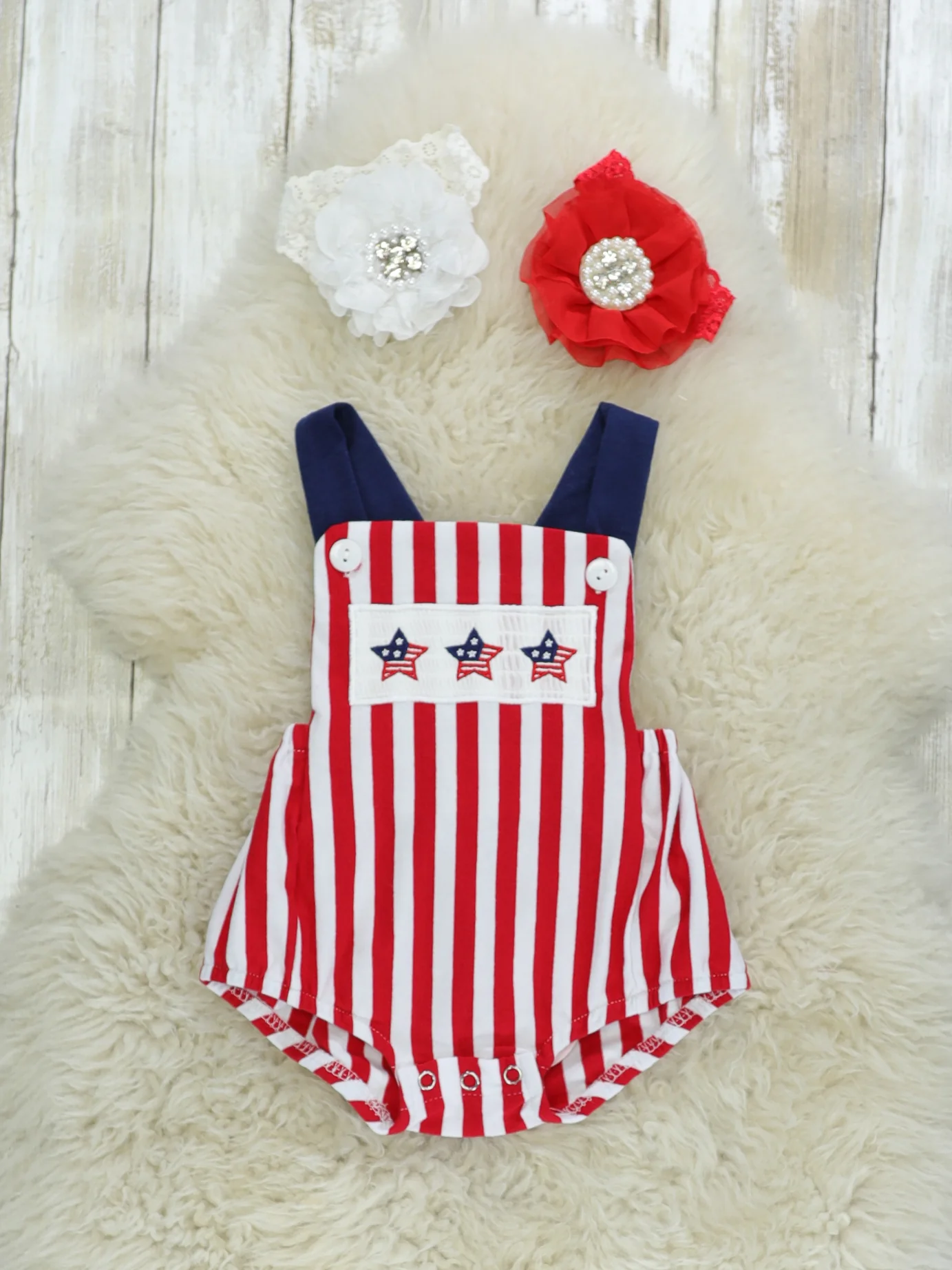 Red Striped Star Smocked Bubble Romper