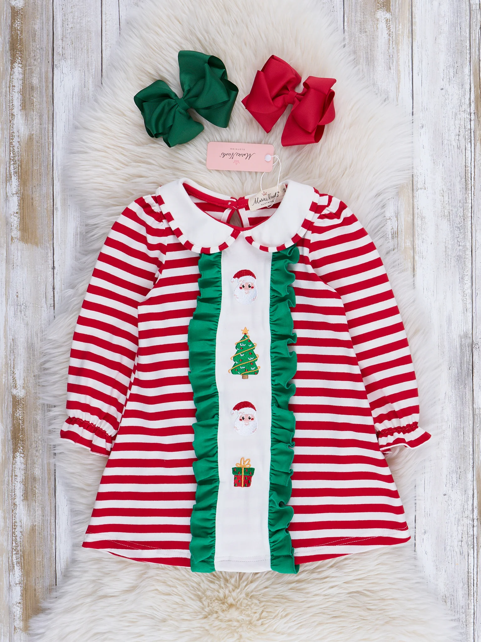 Red Stripes & Green Ruffles Embroidered Holiday Dress