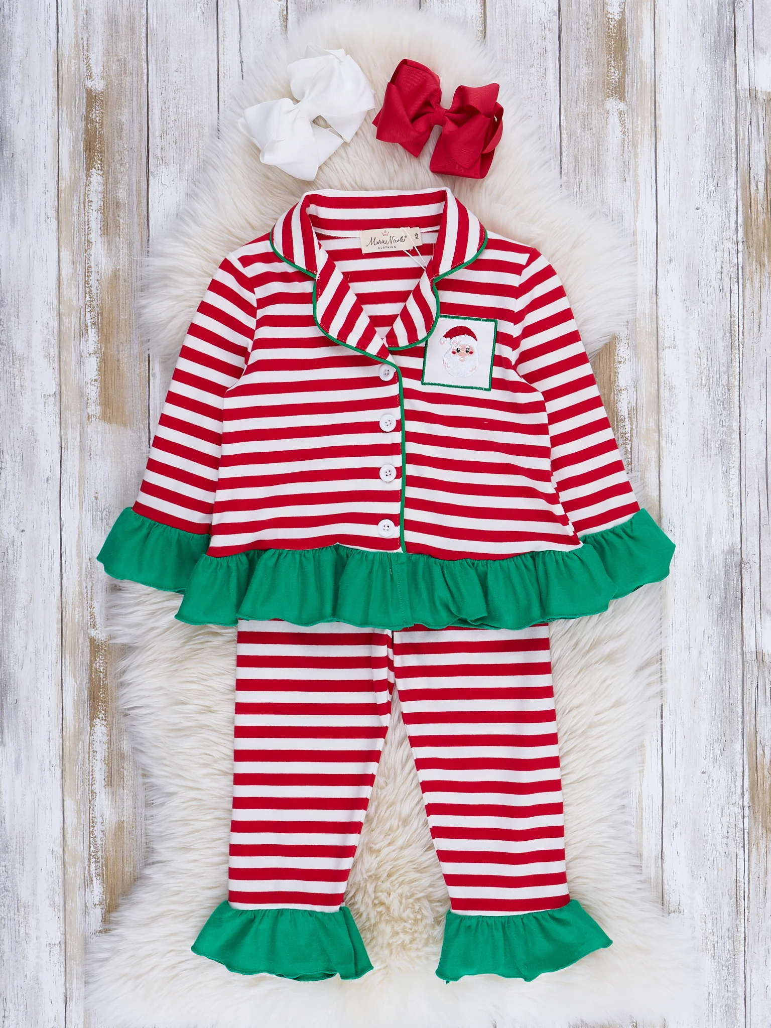 Red Stripes & Green Ruffles Embroidered Holiday Pajamas