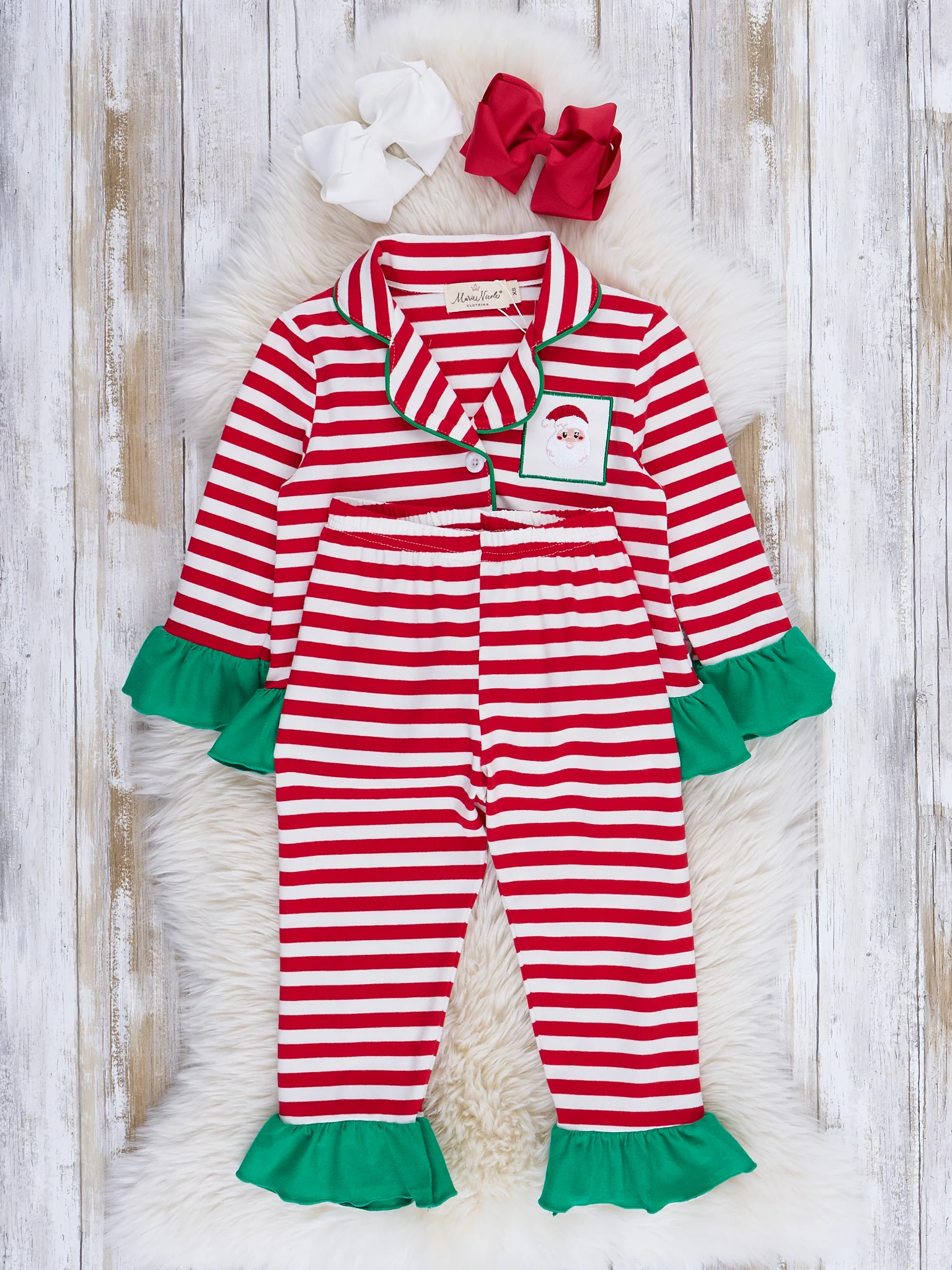 Red Stripes & Green Ruffles Embroidered Holiday Pajamas - Image 2