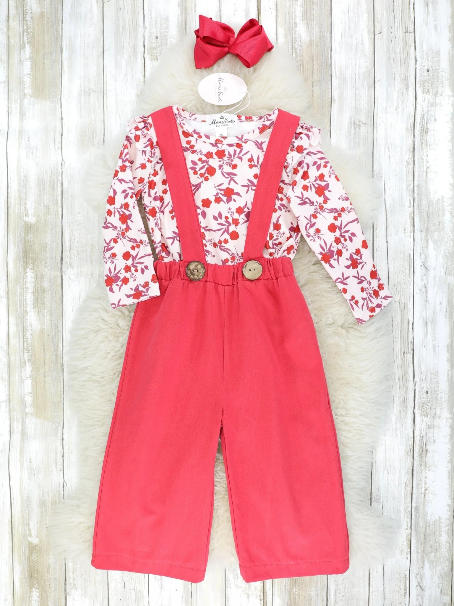 Red Suspender Jumpsuit & Floral Top Outfit