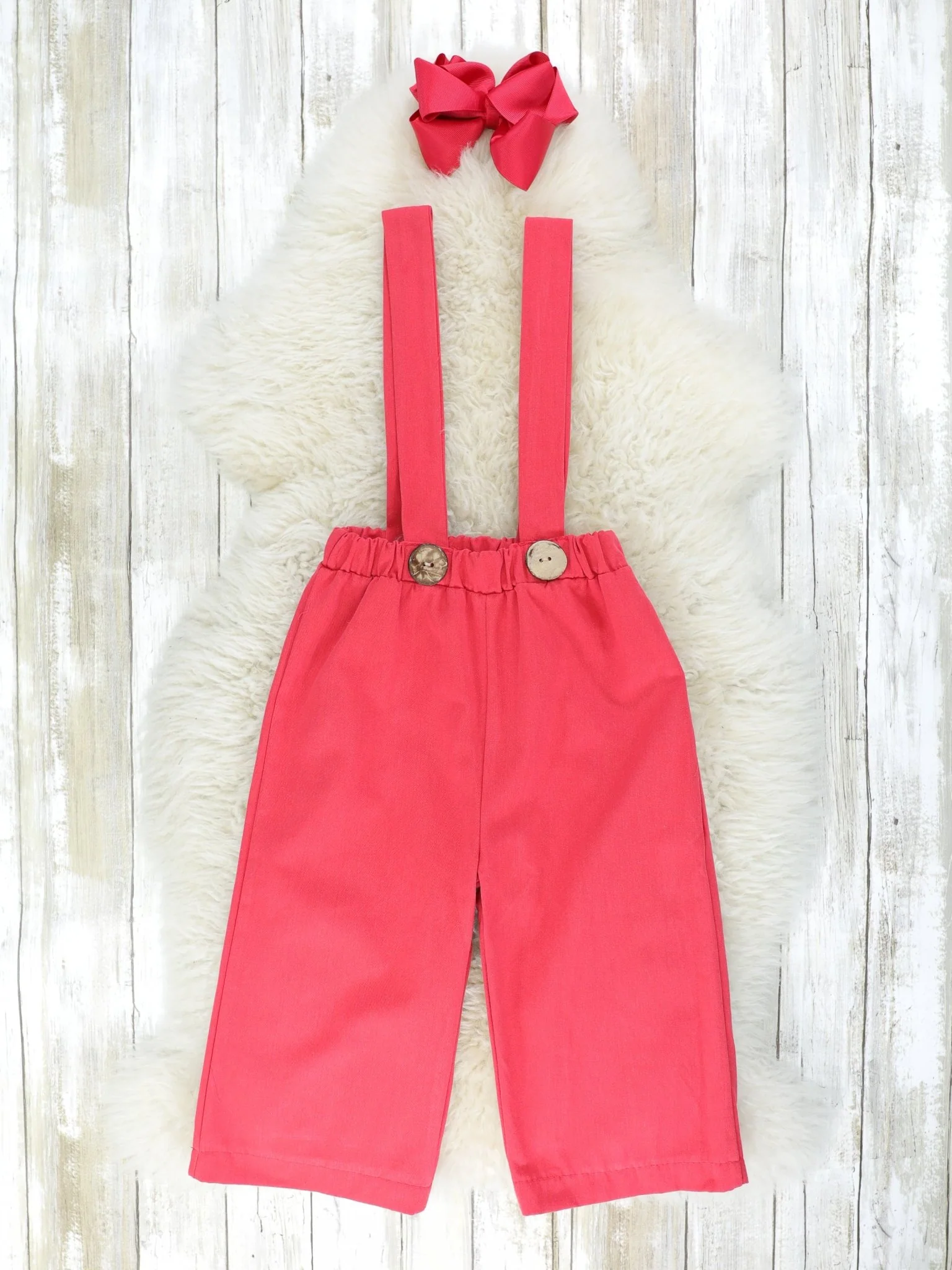Red Suspender Jumpsuit & Floral Top Outfit - Image 2