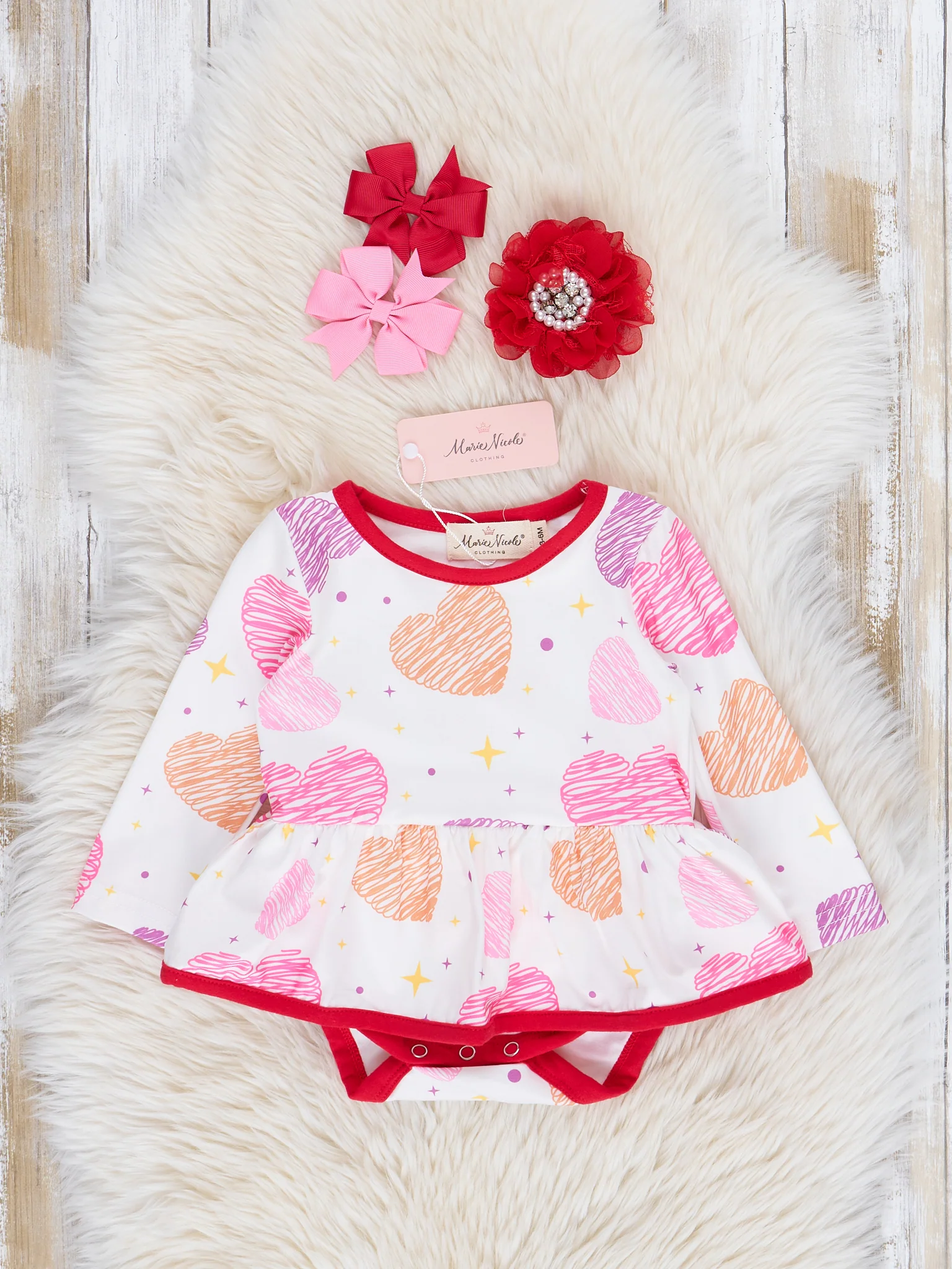 Red Trim Candy Hearts Ruffle Bubble Romper
