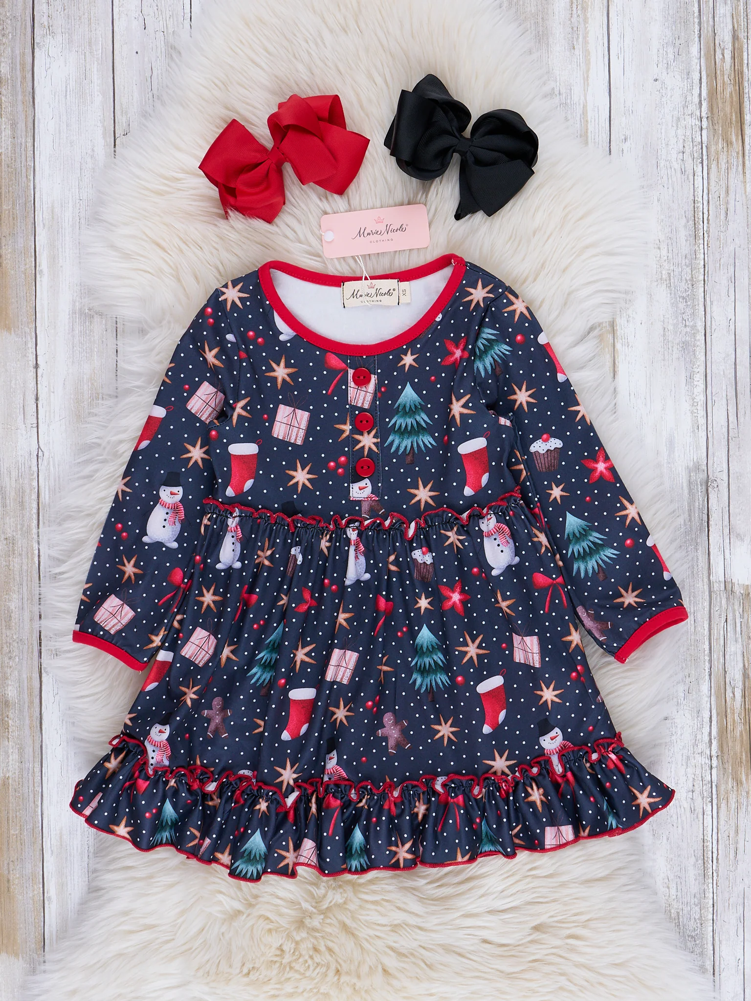 Red Trim Christmas Dreams Ruffle Dress