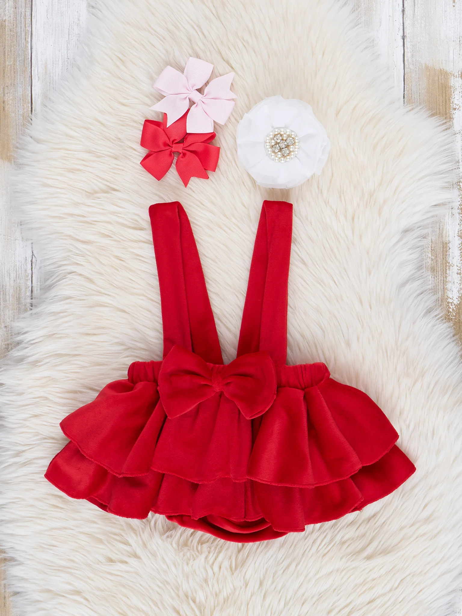 Red Velvet Falling Hearts Bubble Overalls Set - Image 3