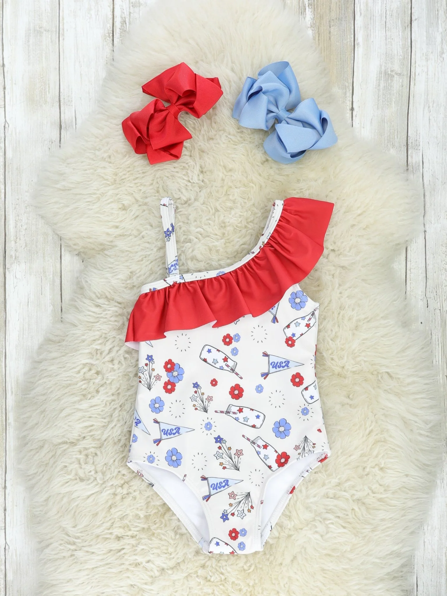 Red, White & Blue Floral Asymmetrical Swimsuit
