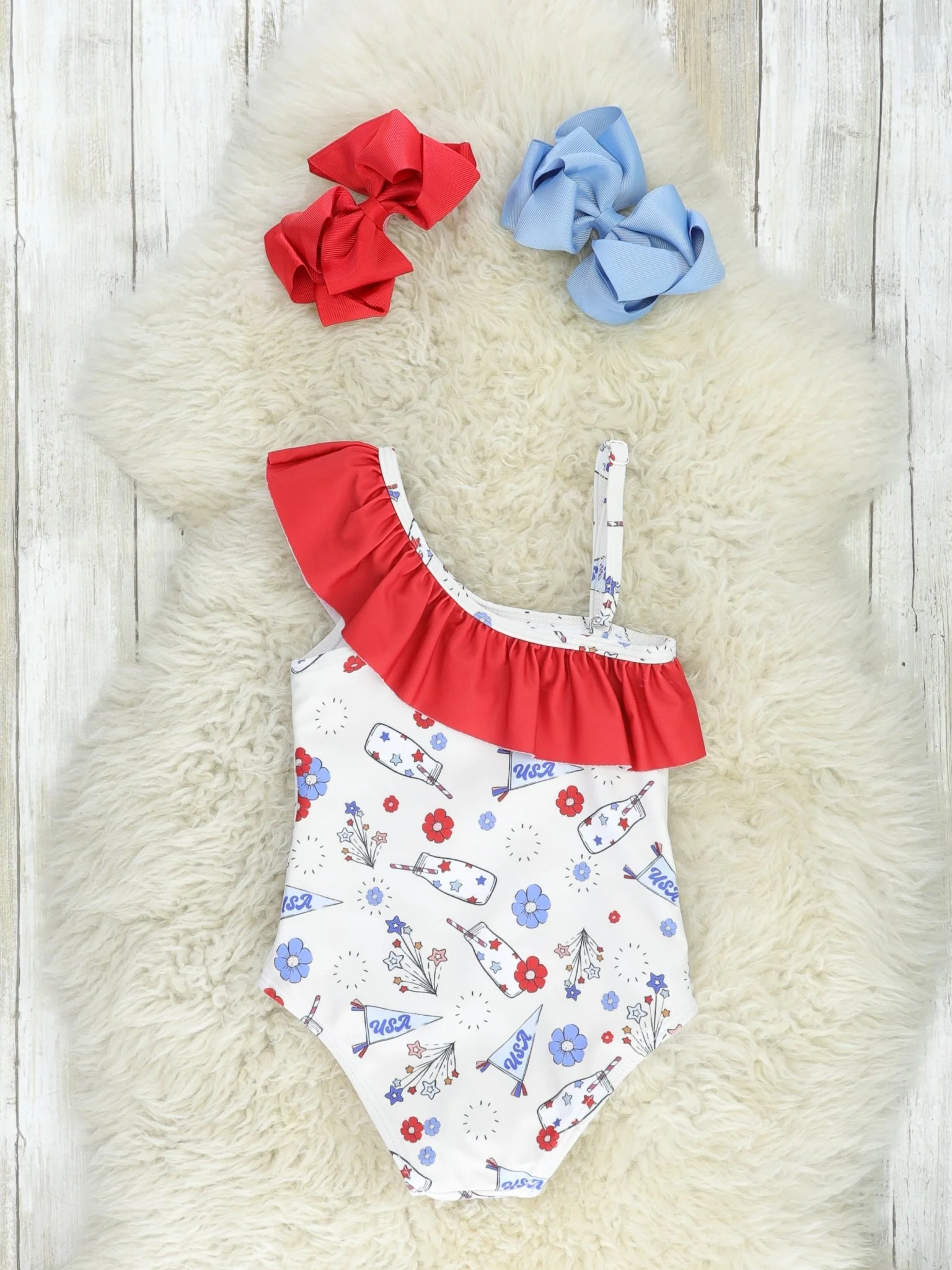 Red, White & Blue Floral Asymmetrical Swimsuit - Image 2