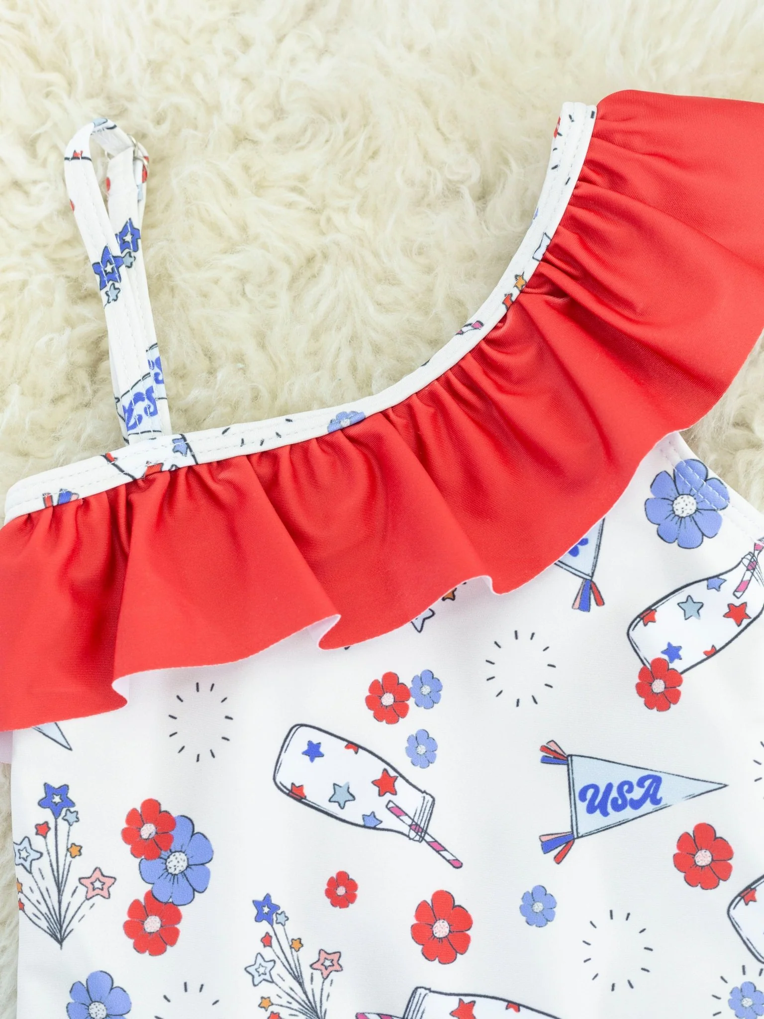 Red, White & Blue Floral Asymmetrical Swimsuit - Image 3