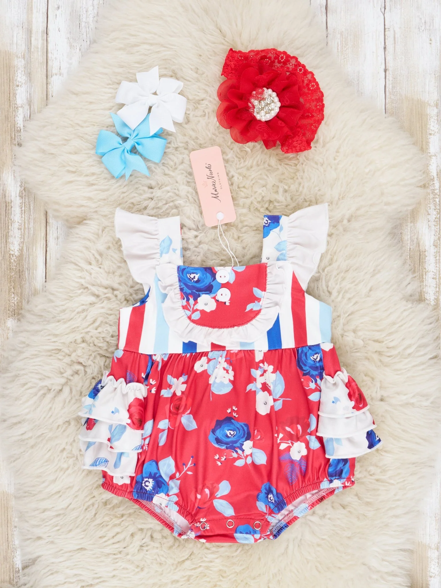 Red White & Blue Floral Ruffle Bubble Romper