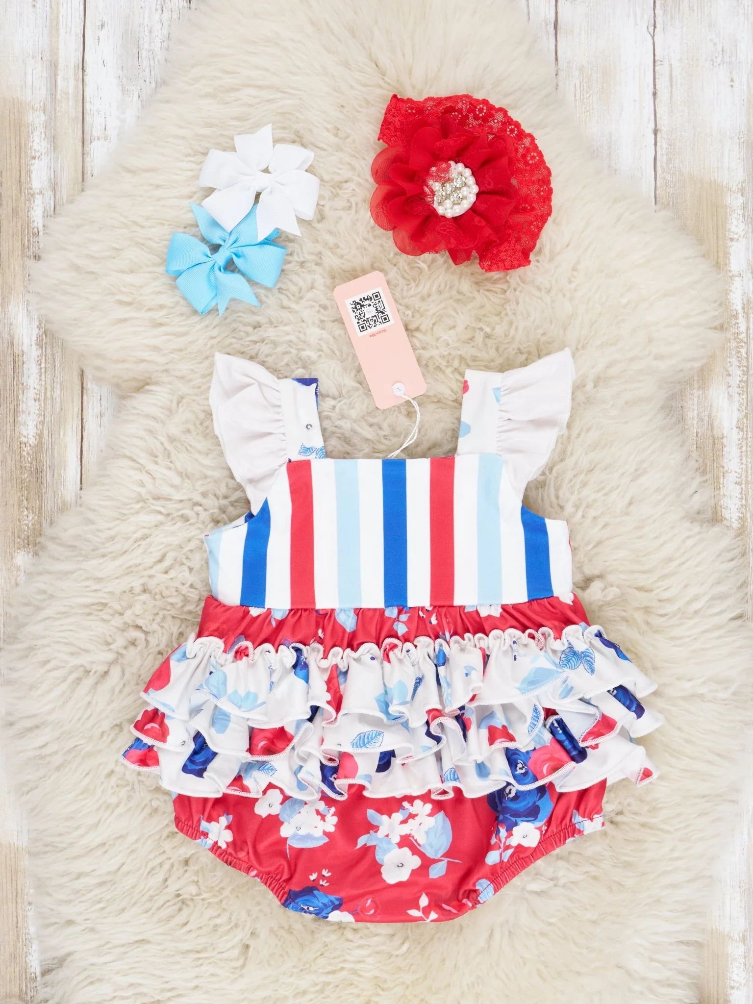 Red White & Blue Floral Ruffle Bubble Romper - Image 2