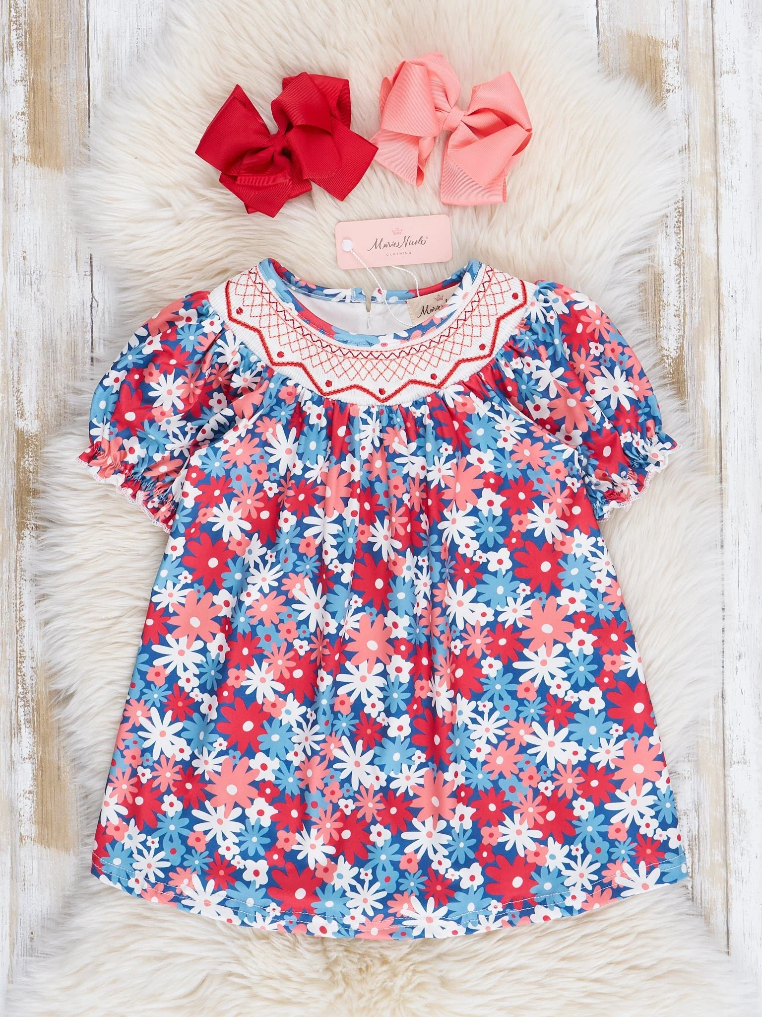 Red, White & Blue Daisies Smocked Dress