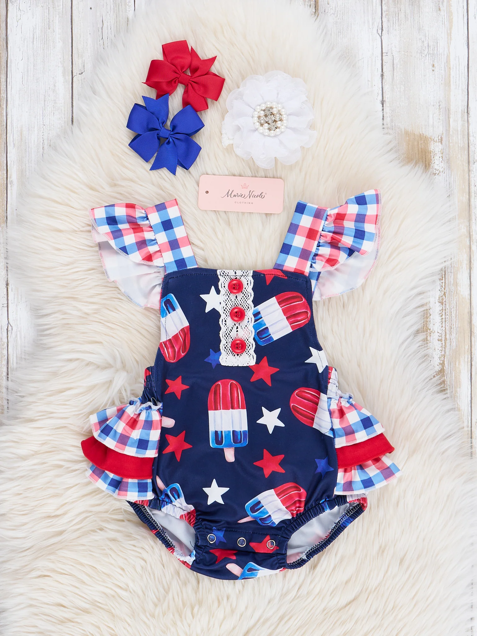 Red, White & Blue Gingham Treats Ruffle Bubble Romper