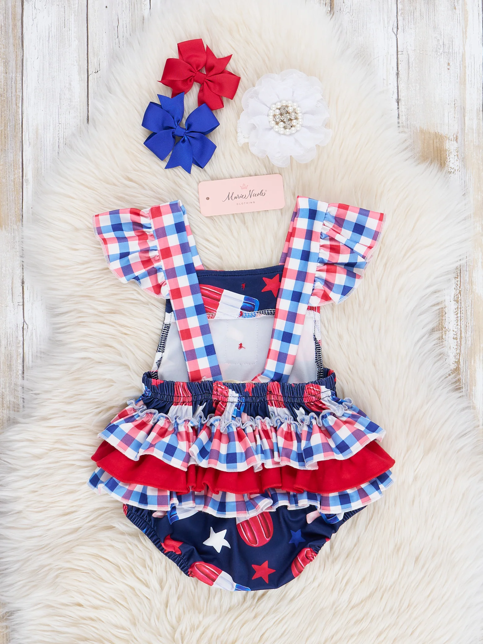 Red, White & Blue Gingham Treats Ruffle Bubble Romper - Image 2