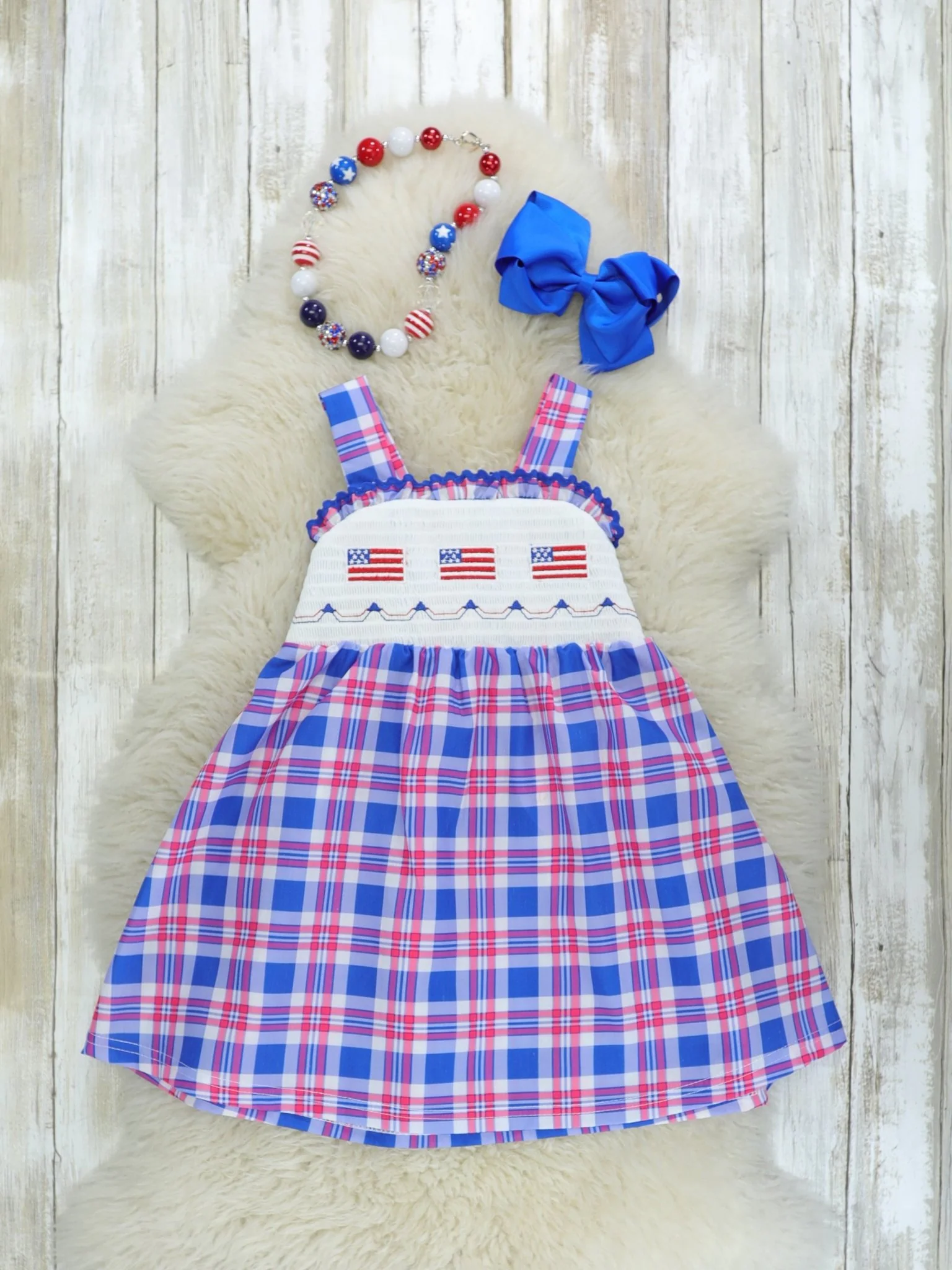 Flag Smocked Plaid Ruffle Dress
