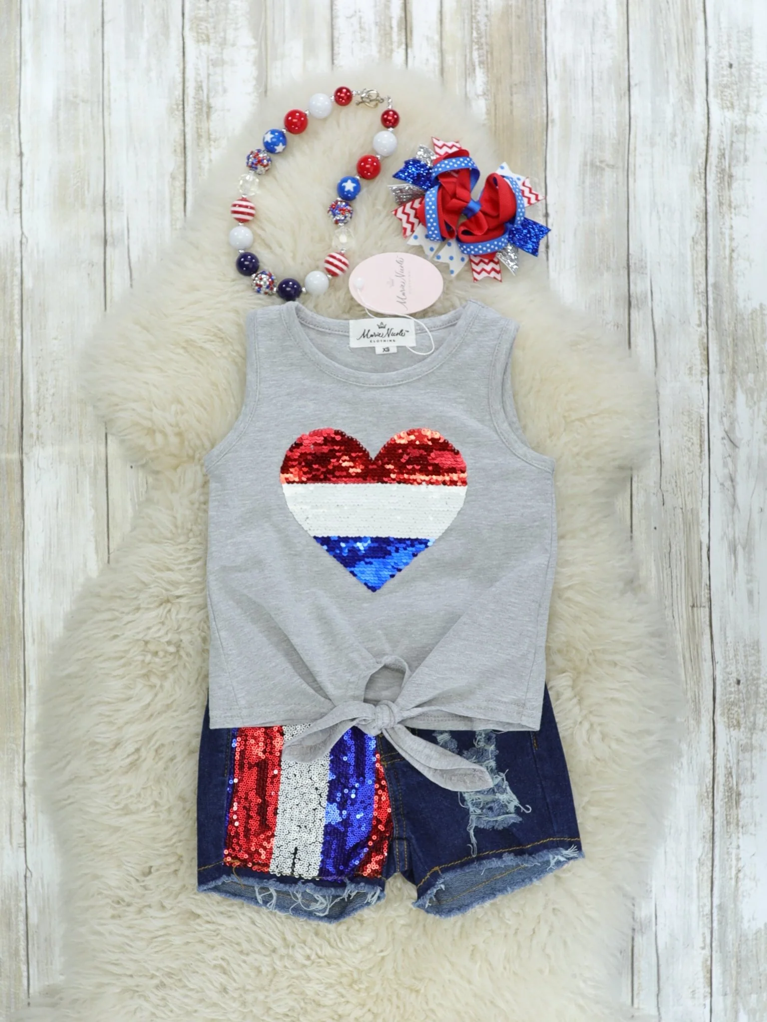 Red, White, & Blue Sequin Heart Tie Tank Denim Shorts Outfit