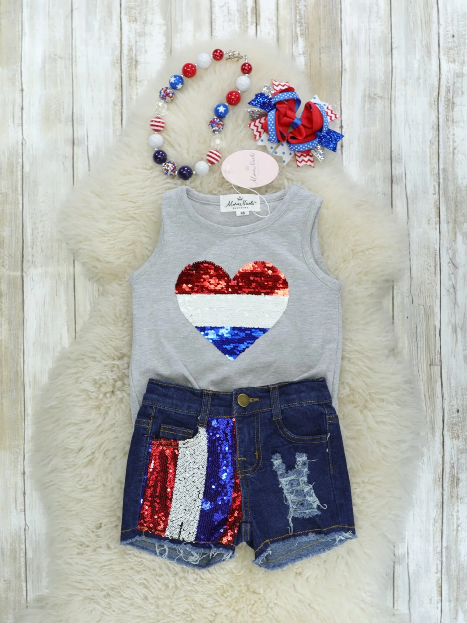 Red, White, & Blue Sequin Heart Tie Tank Denim Shorts Outfit - Image 2