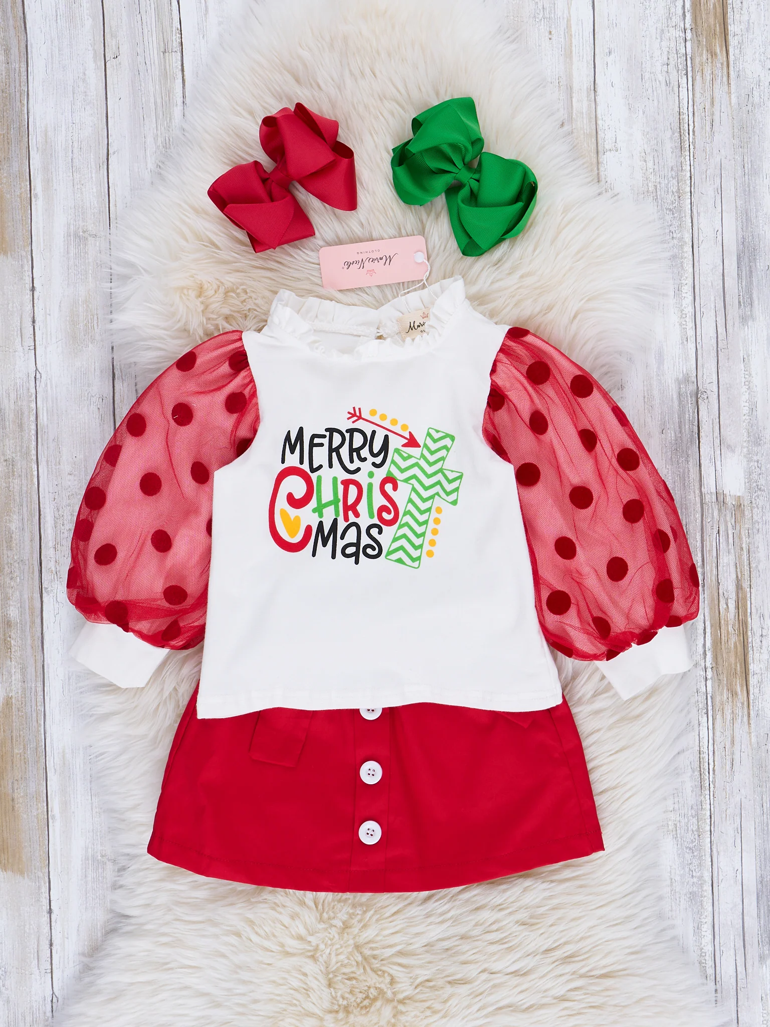 Red & White Bubble Sleeve Christmas Outfit w/ Skirt - Image 2