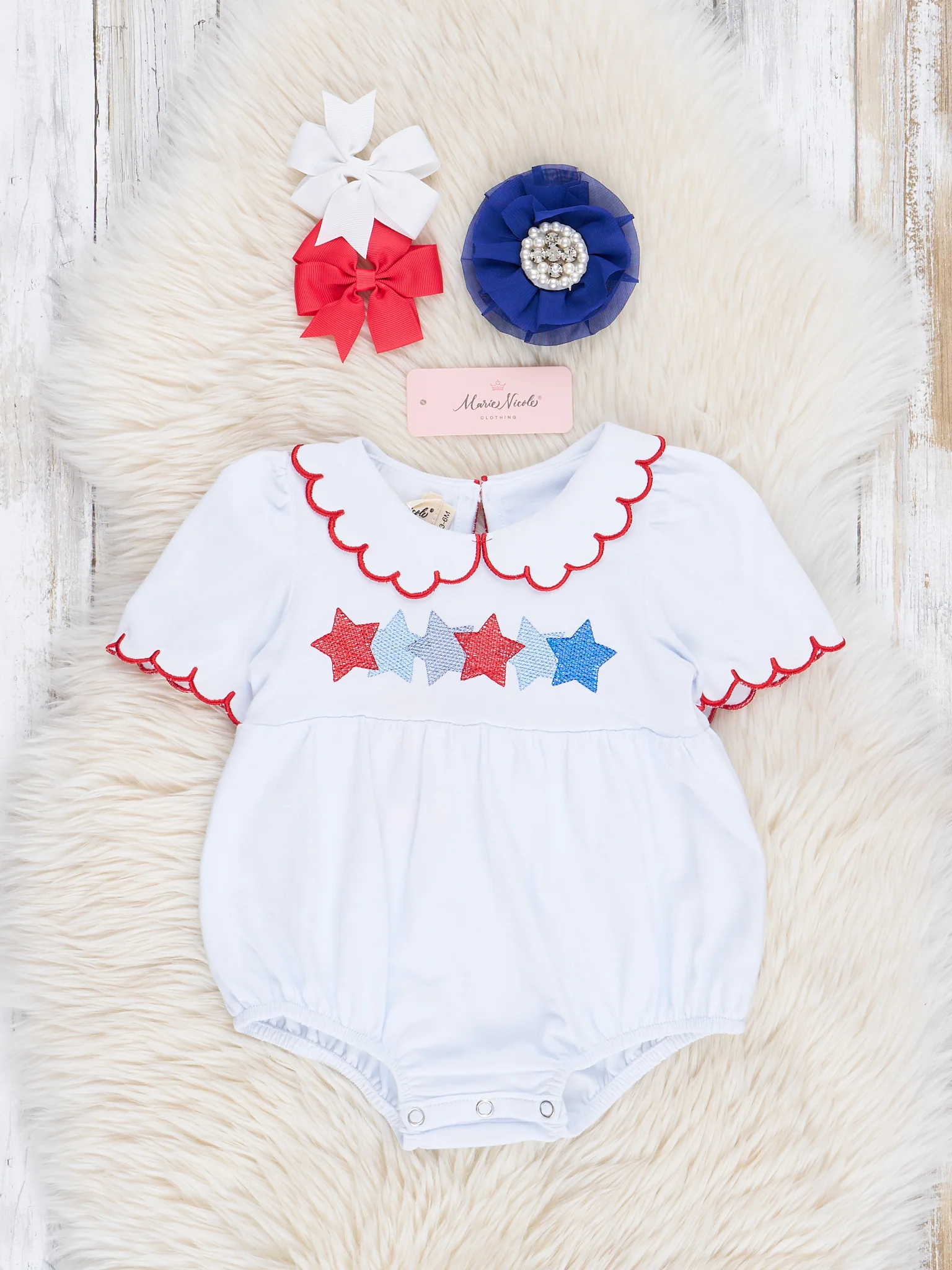 Red & White Embroidered Stars Bubble Romper