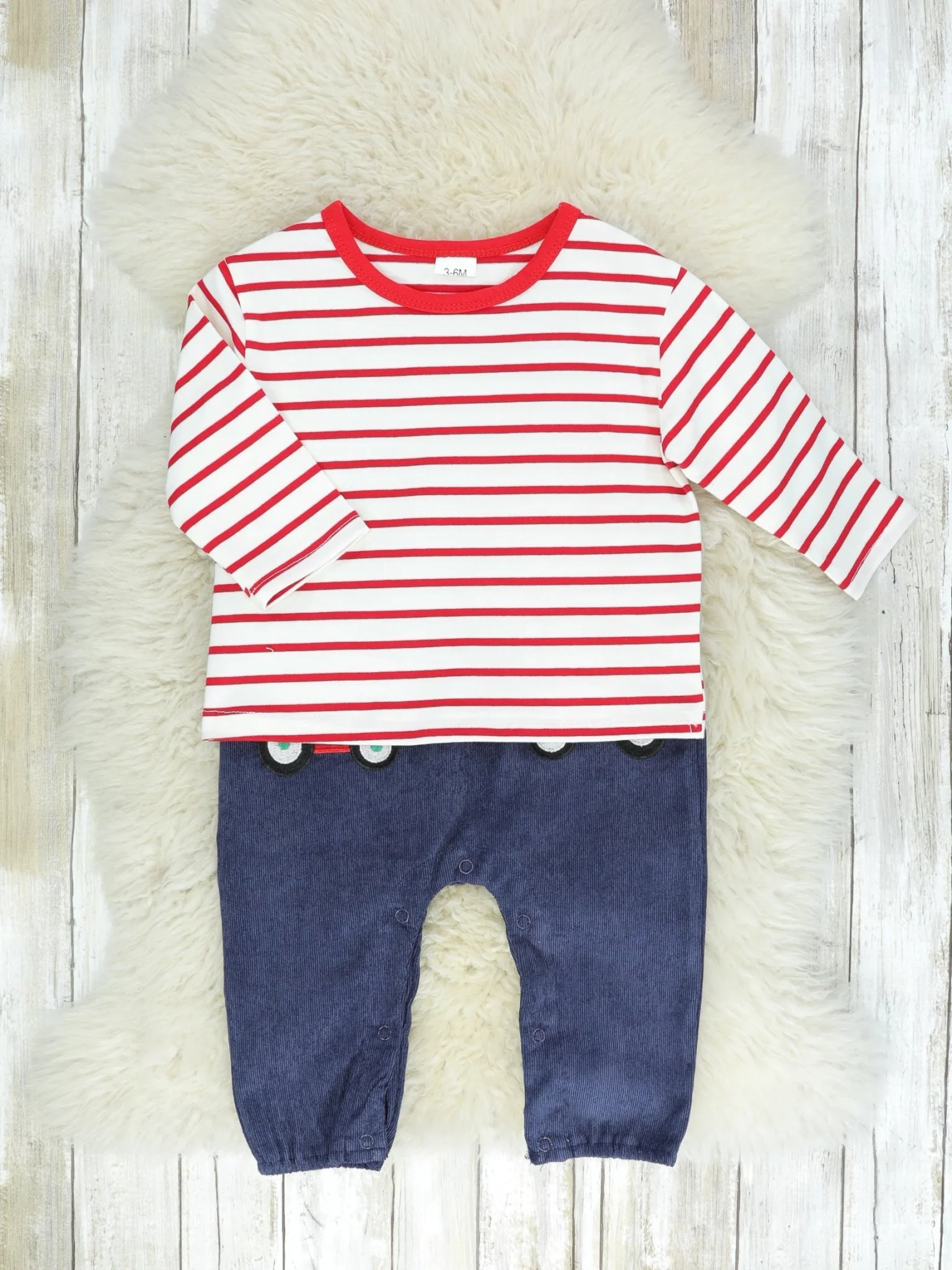 Red, White, & Navy Tractor Overalls Outfit - Image 2