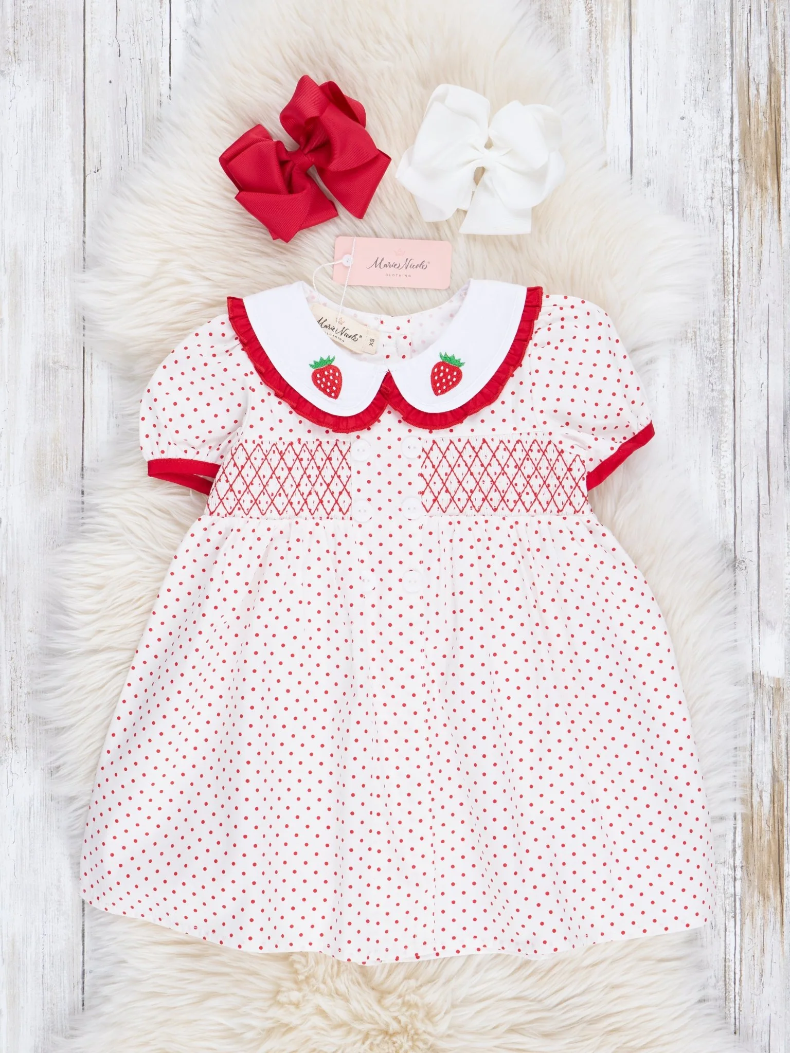 Red & White Smocked Stawberries & Dots Dress