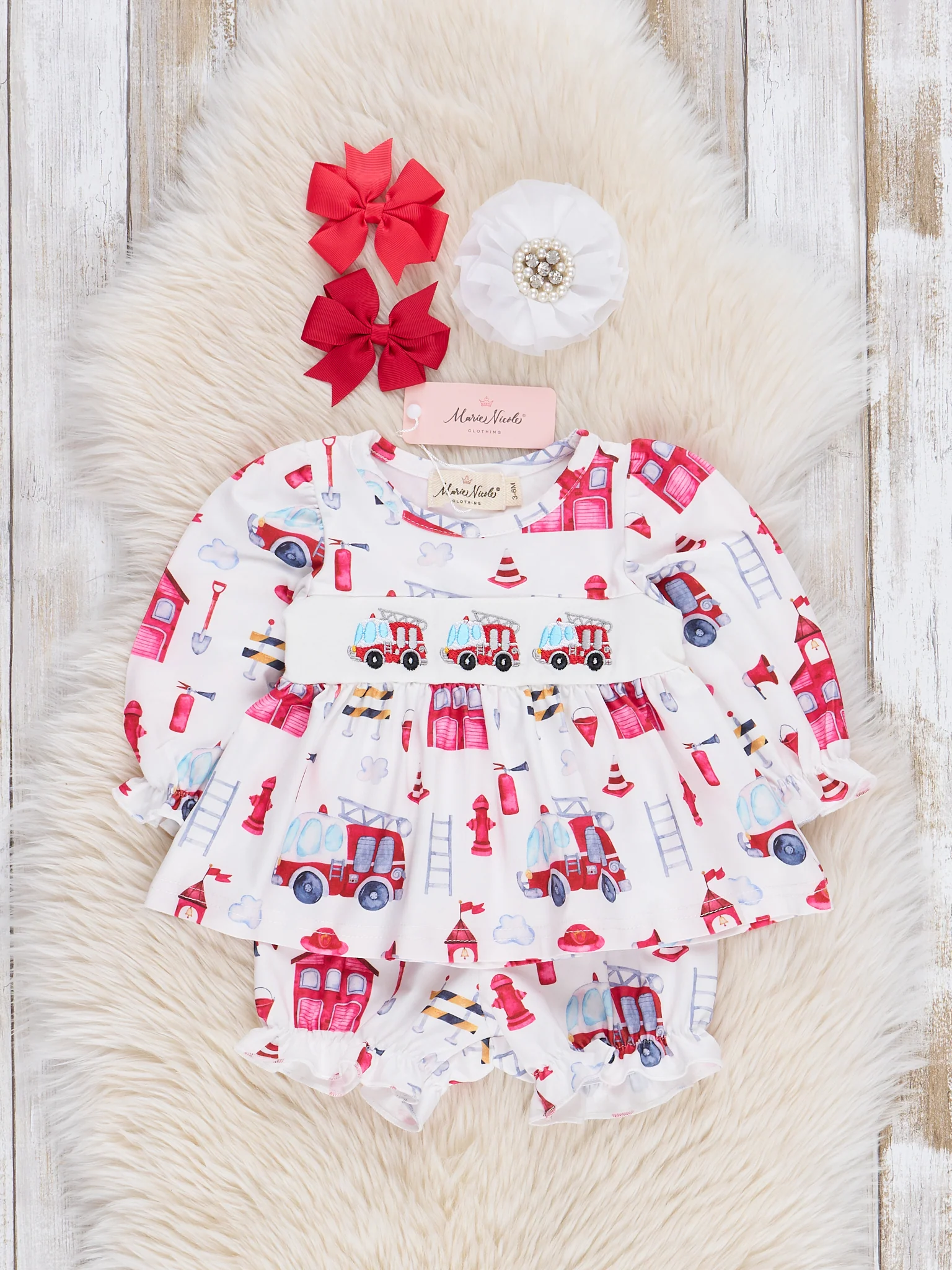 Red & White Vintage Firehouse Smocked Bloomers Outfit
