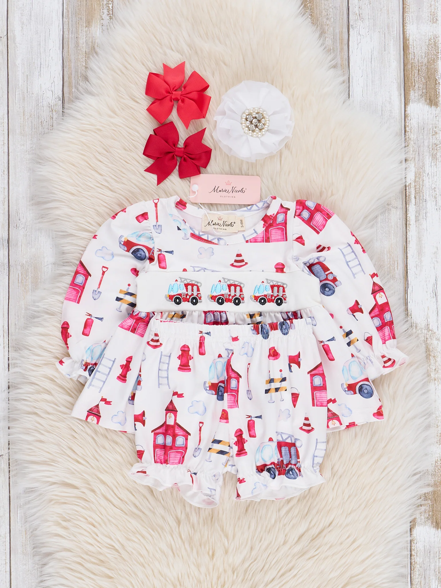Red & White Vintage Firehouse Smocked Bloomers Outfit - Image 2