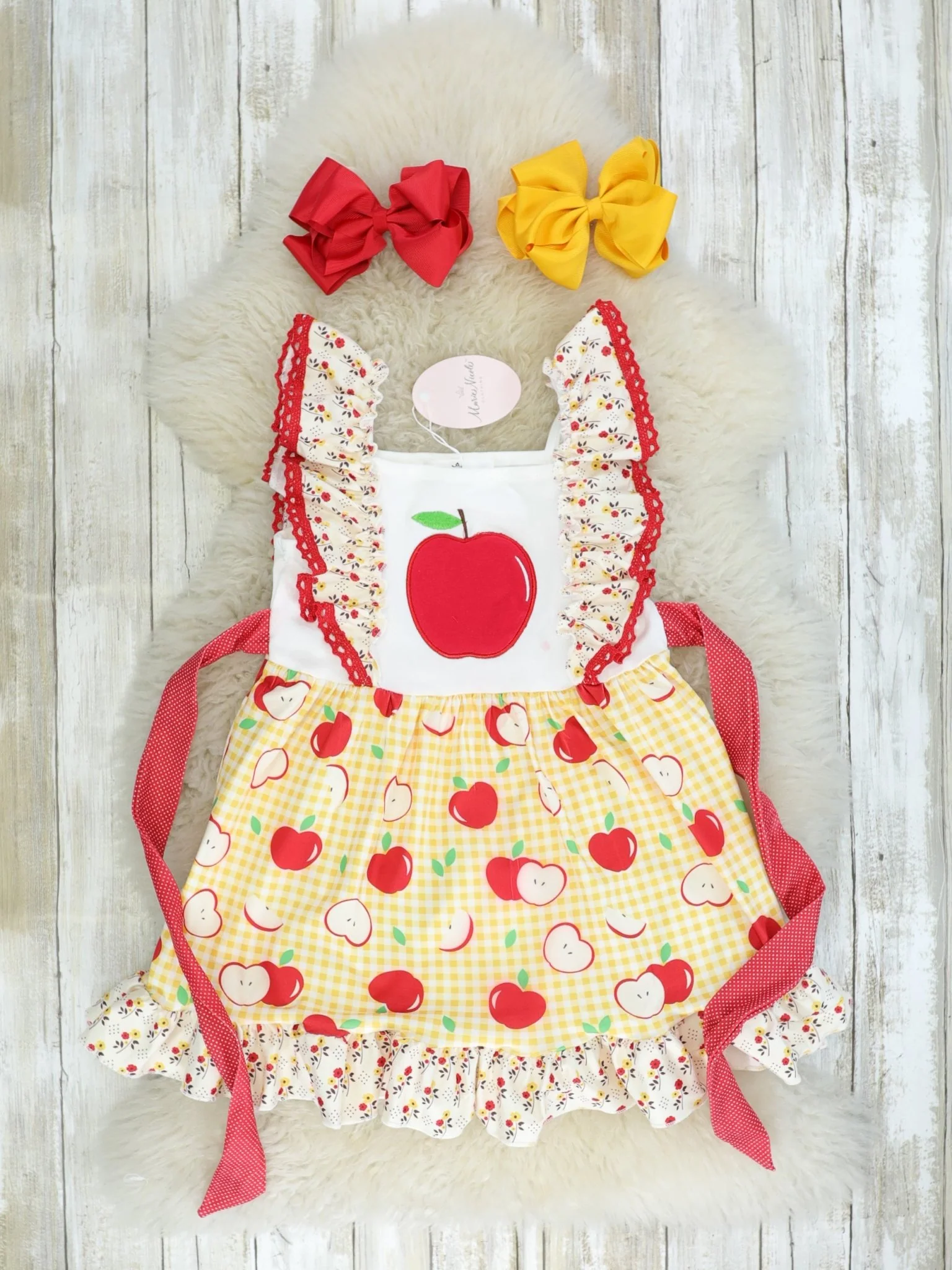 Red & Yellow Apple Flutter Sleeve Ruffle Dress