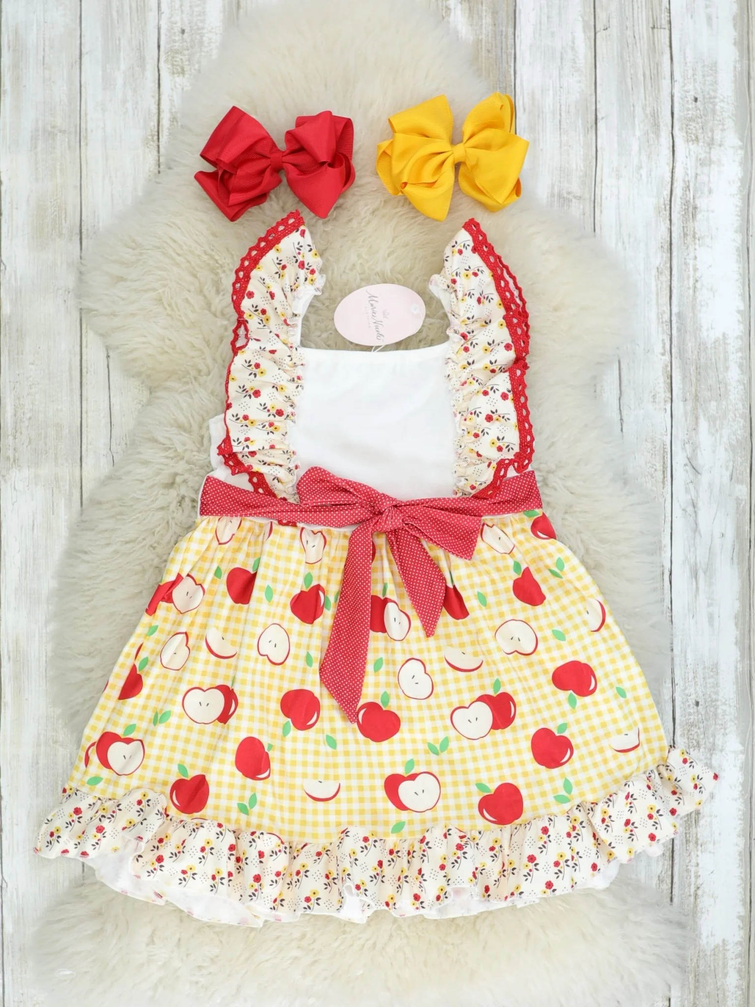 Red & Yellow Apple Flutter Sleeve Ruffle Dress - Image 2