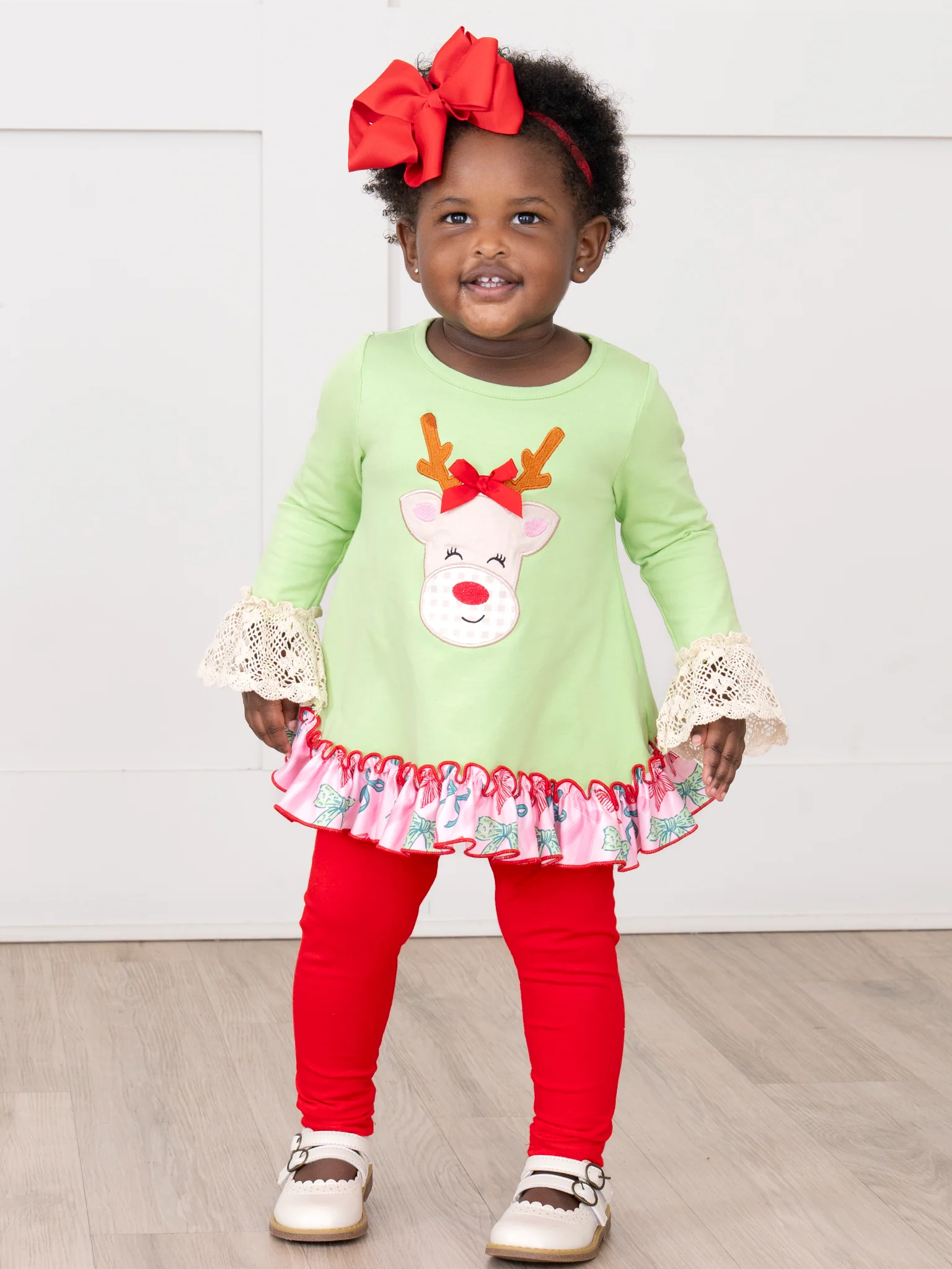 Reindeer Smile Embroidered Ruffle Outfit