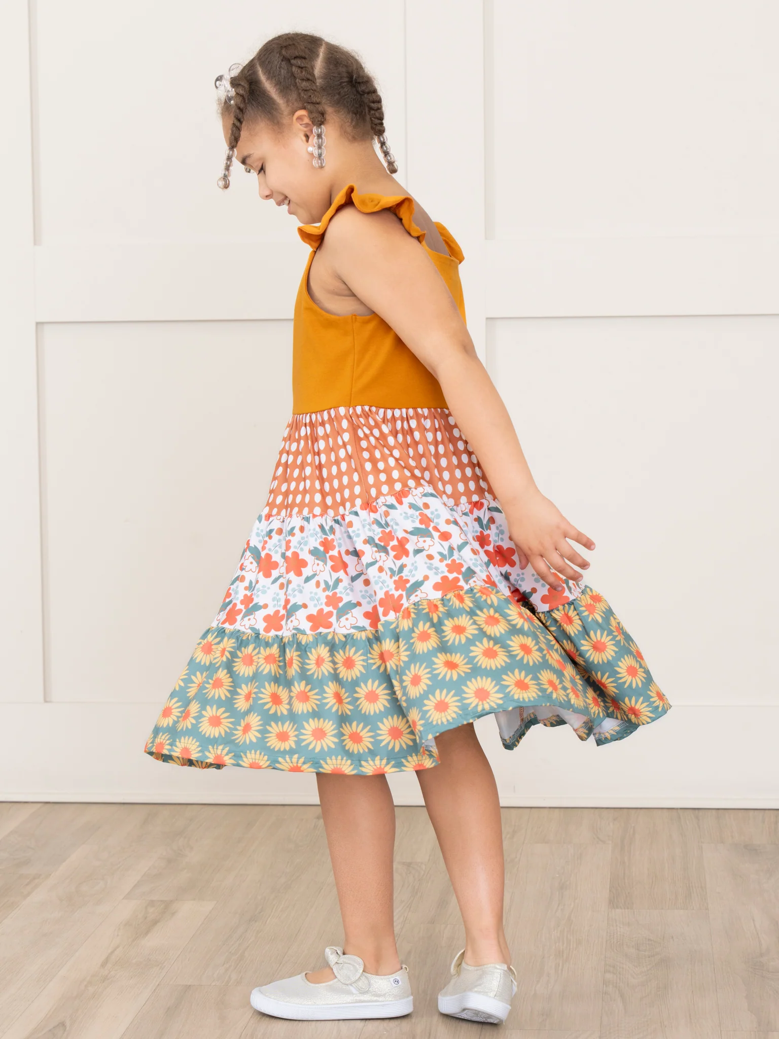 Retro Dots Floral Ruffle Dress - Image 3