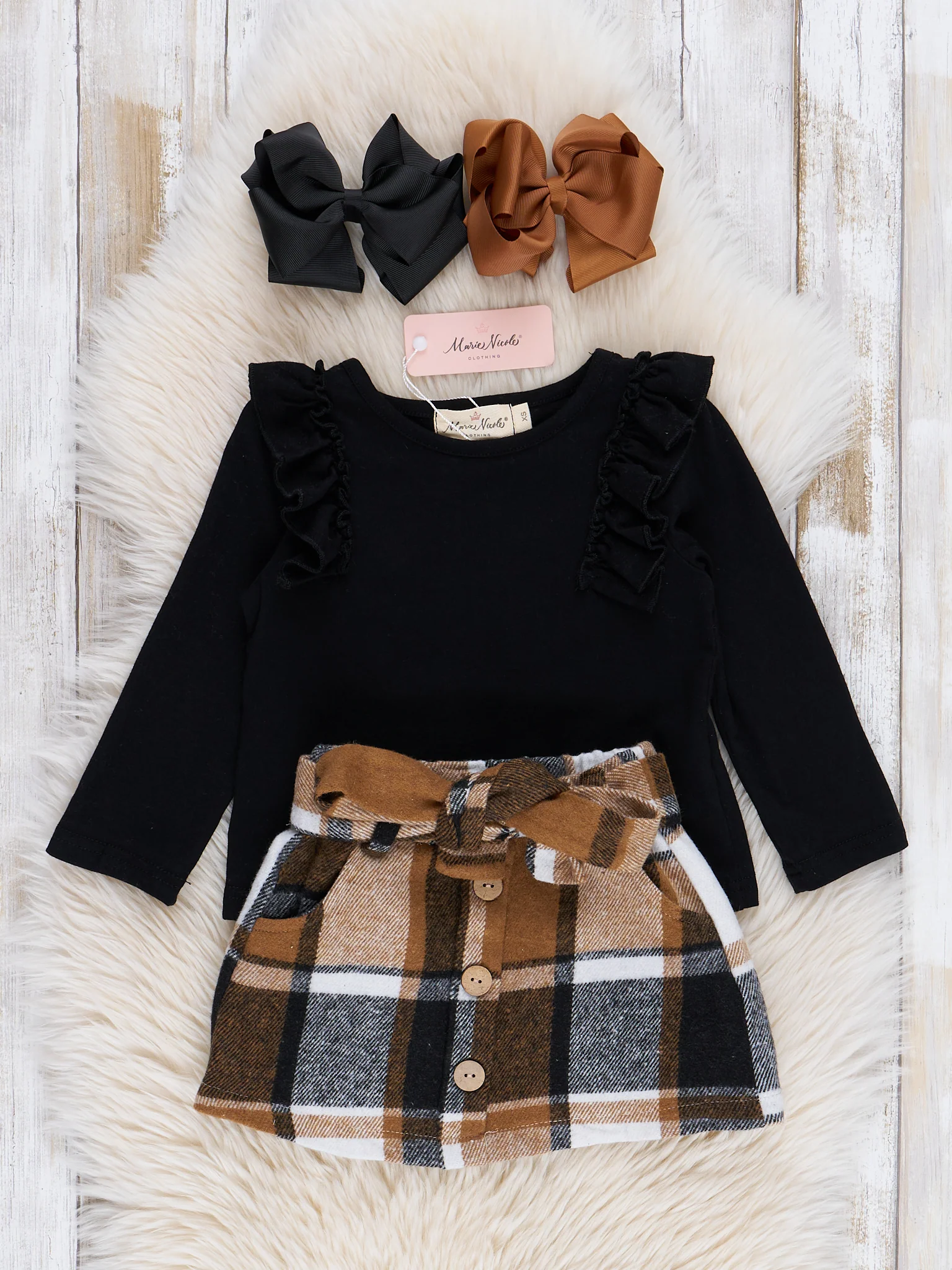 Ribbed Black & Tan Plaid Skirt Set - Image 2