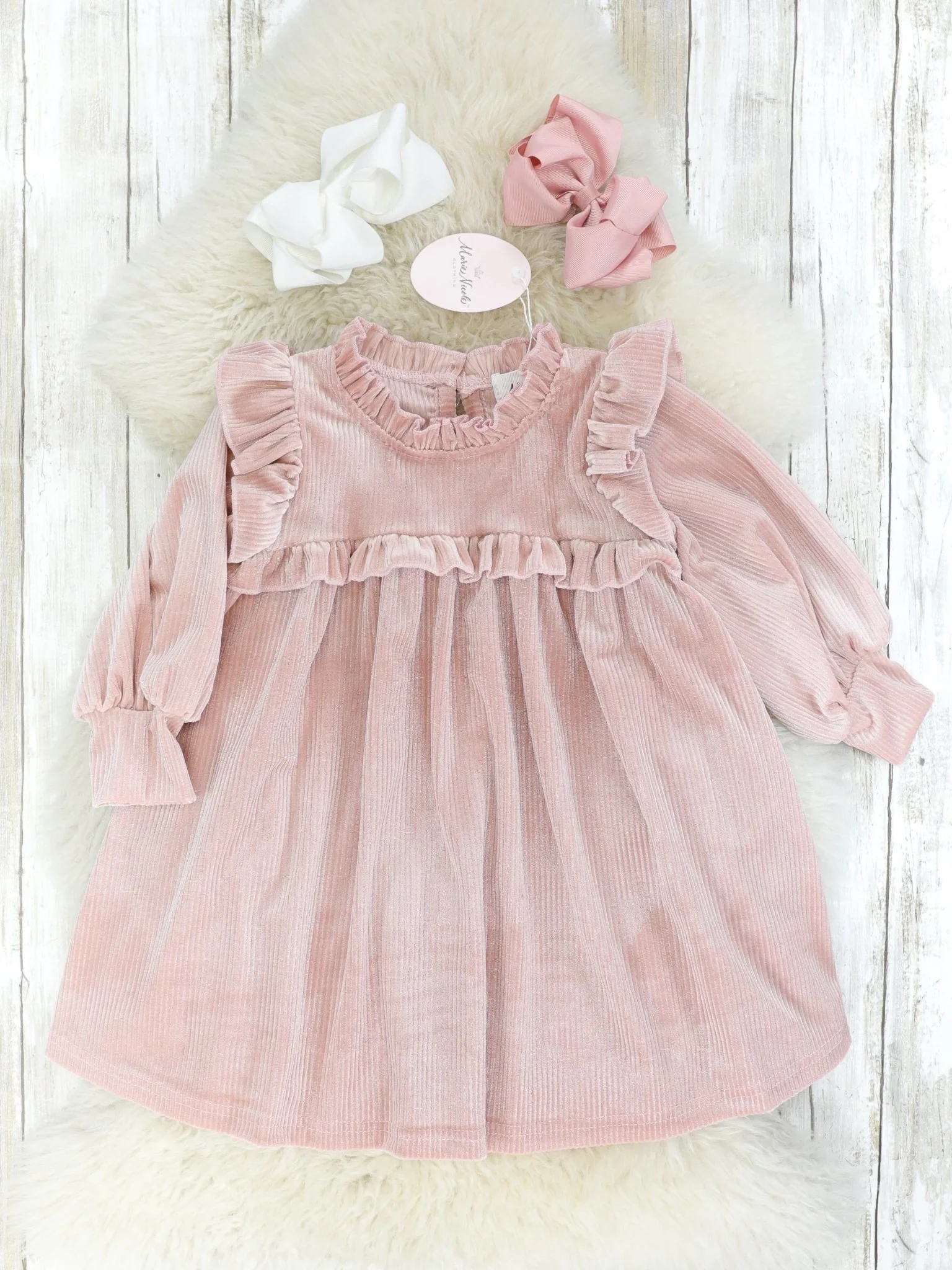Ribbed Mauve Velvet Ruffle Dress
