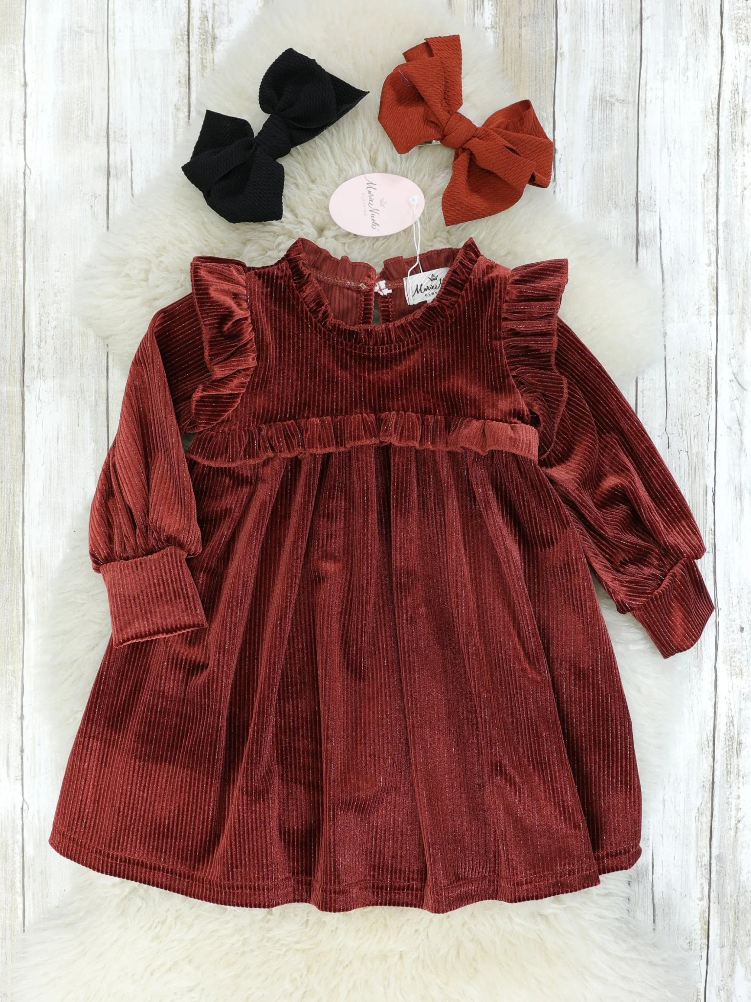 Ribbed Rust Velvet Ruffle Dress