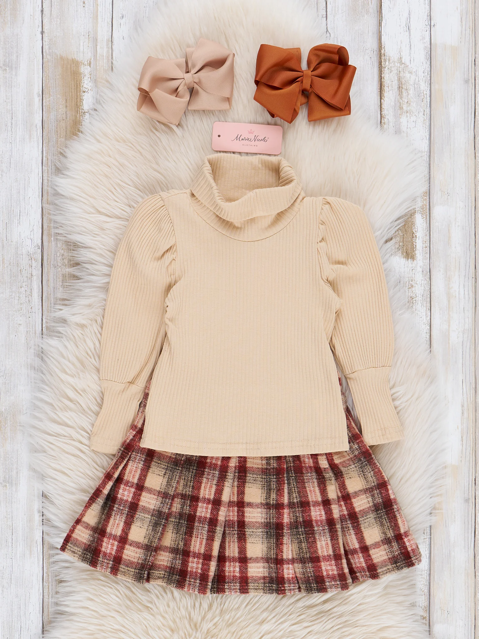 Ribbed Turtleneck & Plaid Skirt Outfit - Mocha