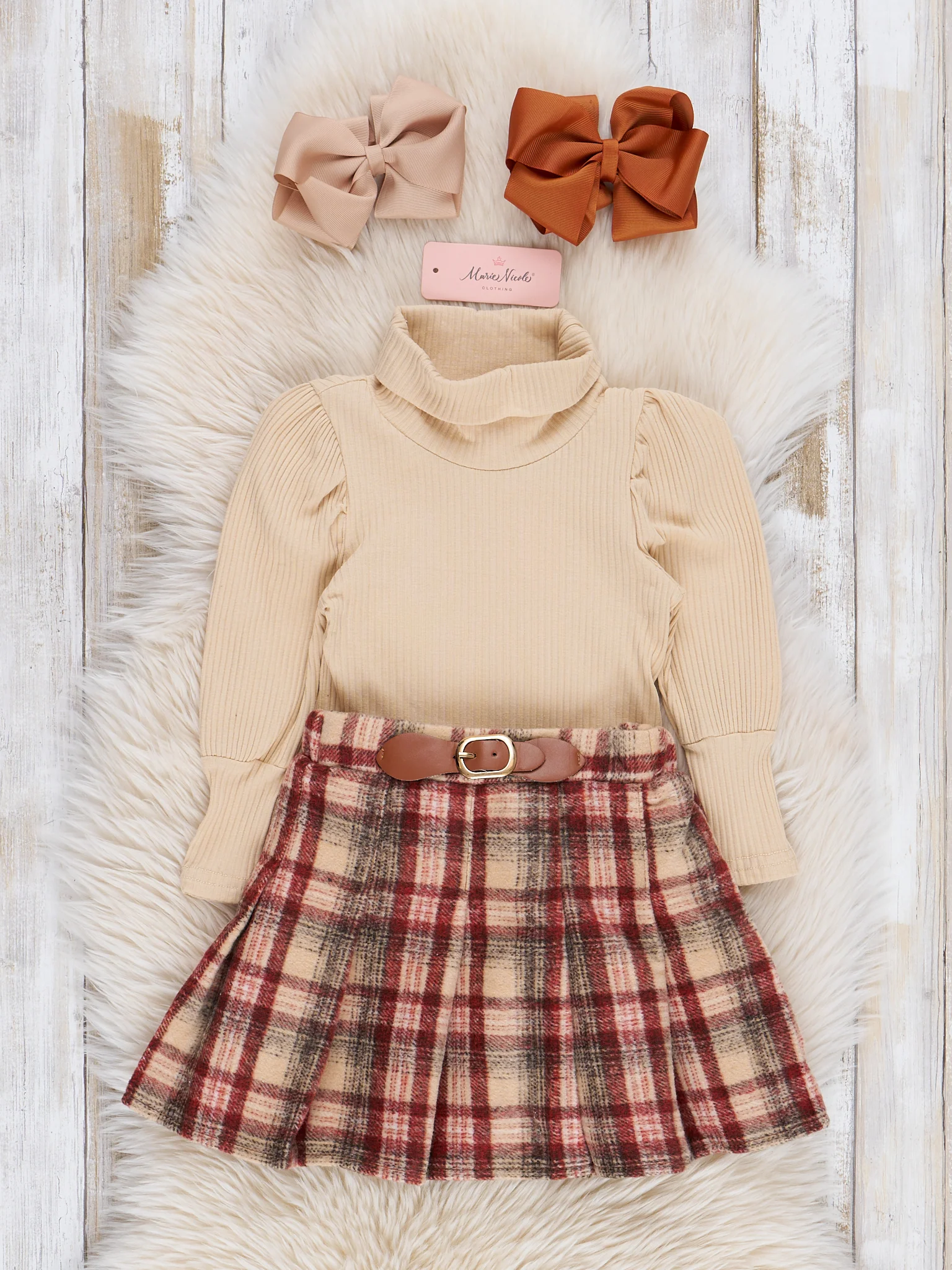 Ribbed Turtleneck & Plaid Skirt Outfit - Mocha - Image 2