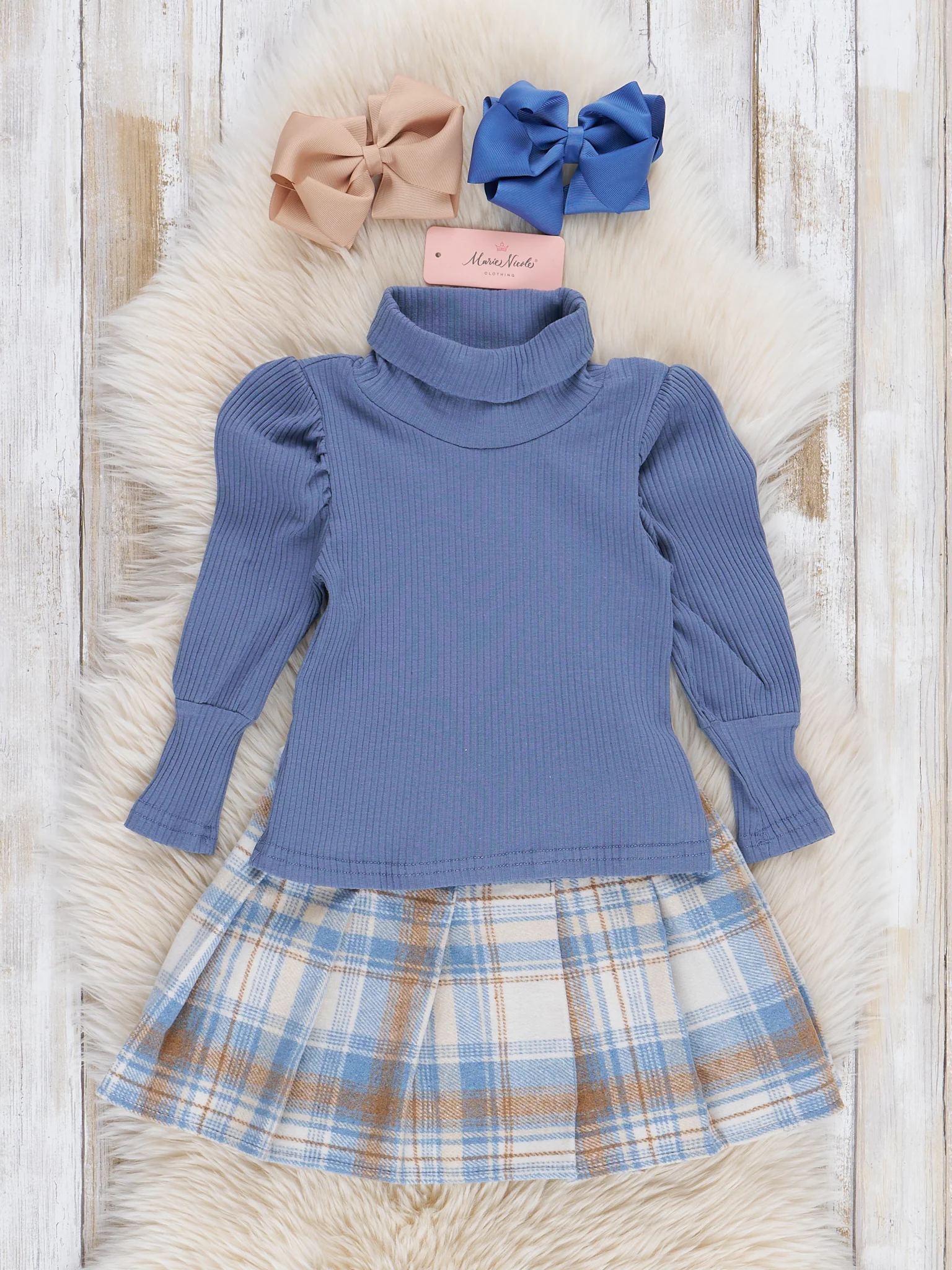 Ribbed Turtleneck & Plaid Skirt Set - Blue - Image 2