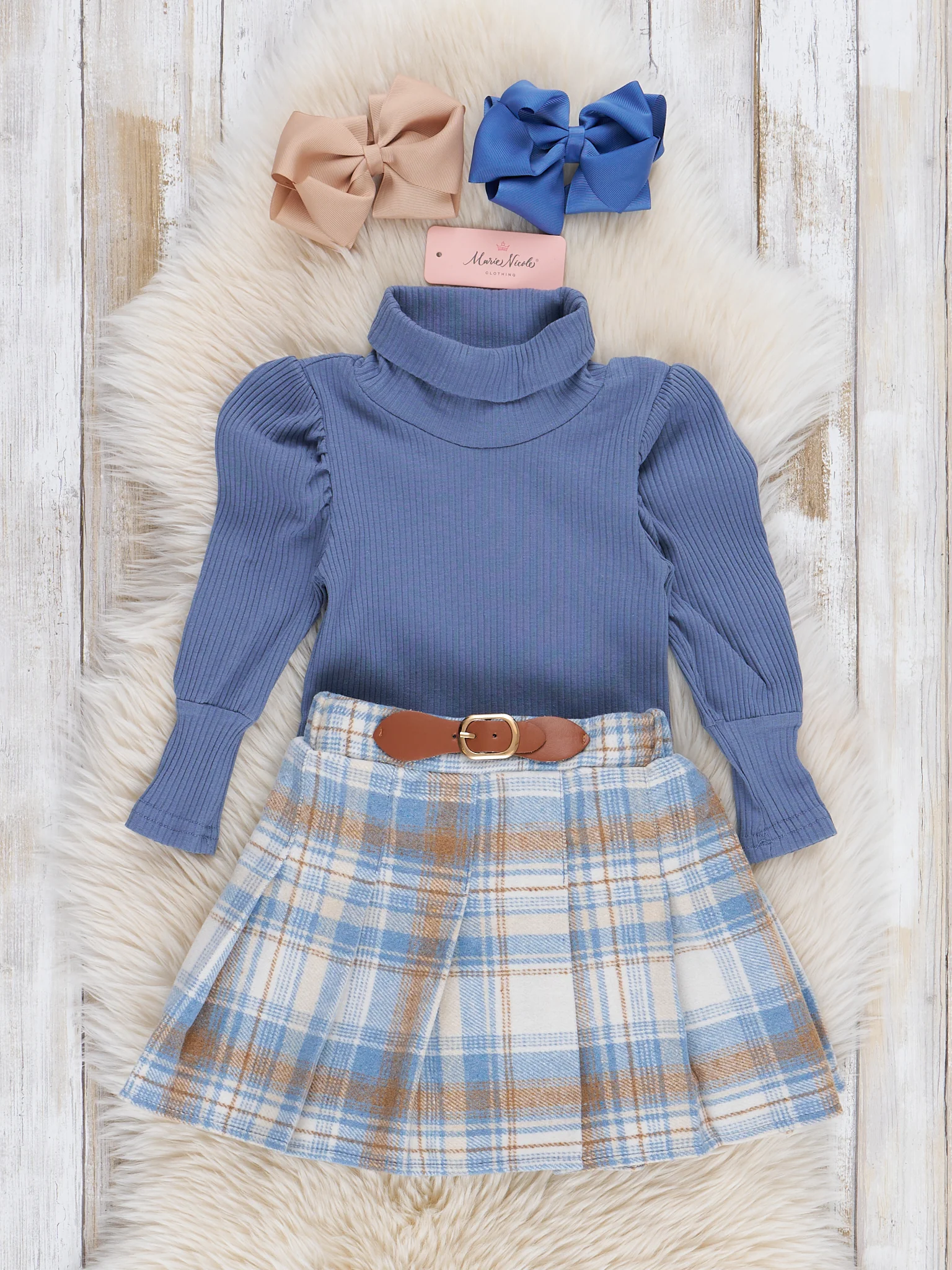 Ribbed Turtleneck & Plaid Skirt Set - Blue - Image 3