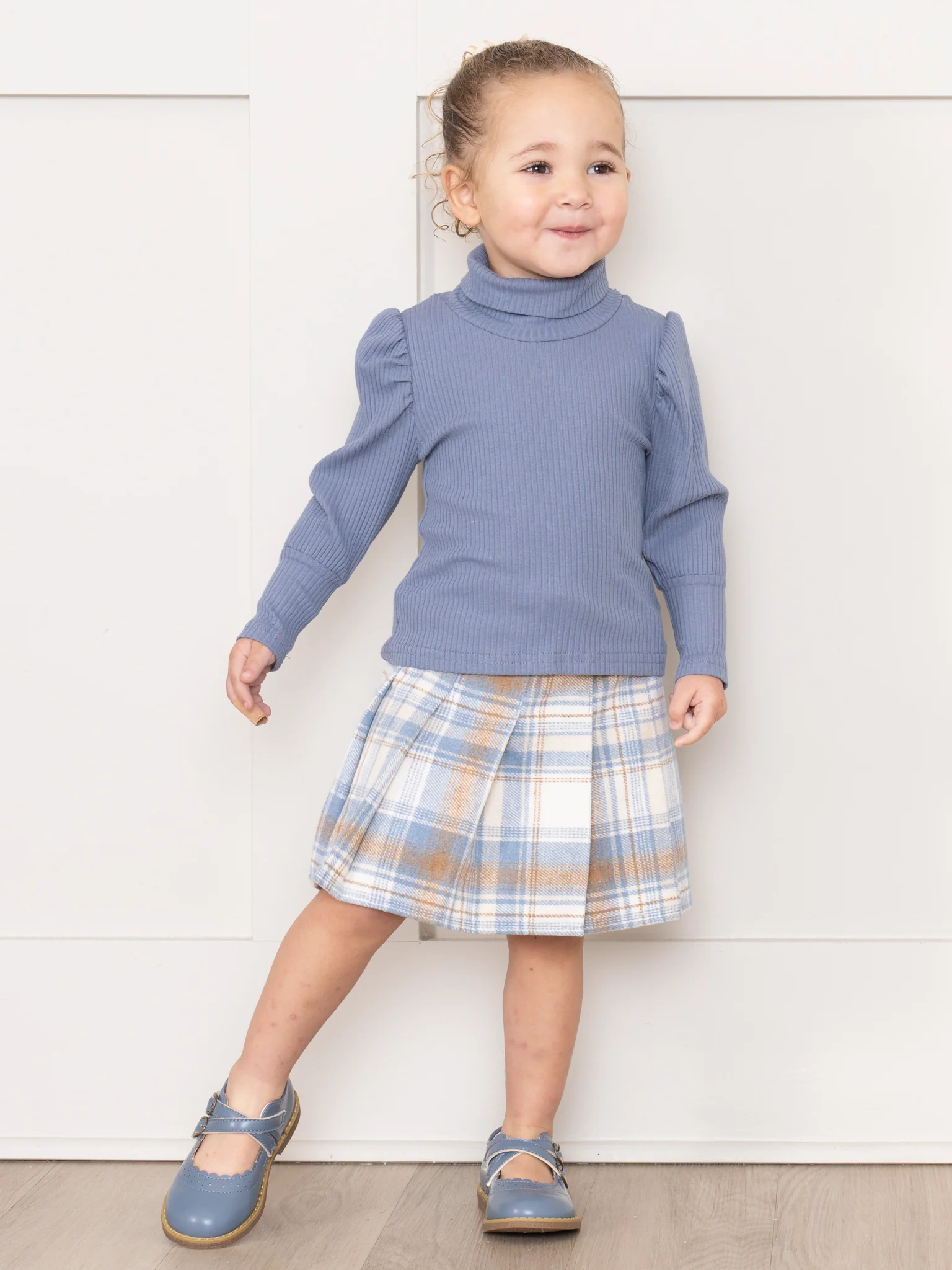 Ribbed Turtleneck & Plaid Skirt Set - Blue - Image 4