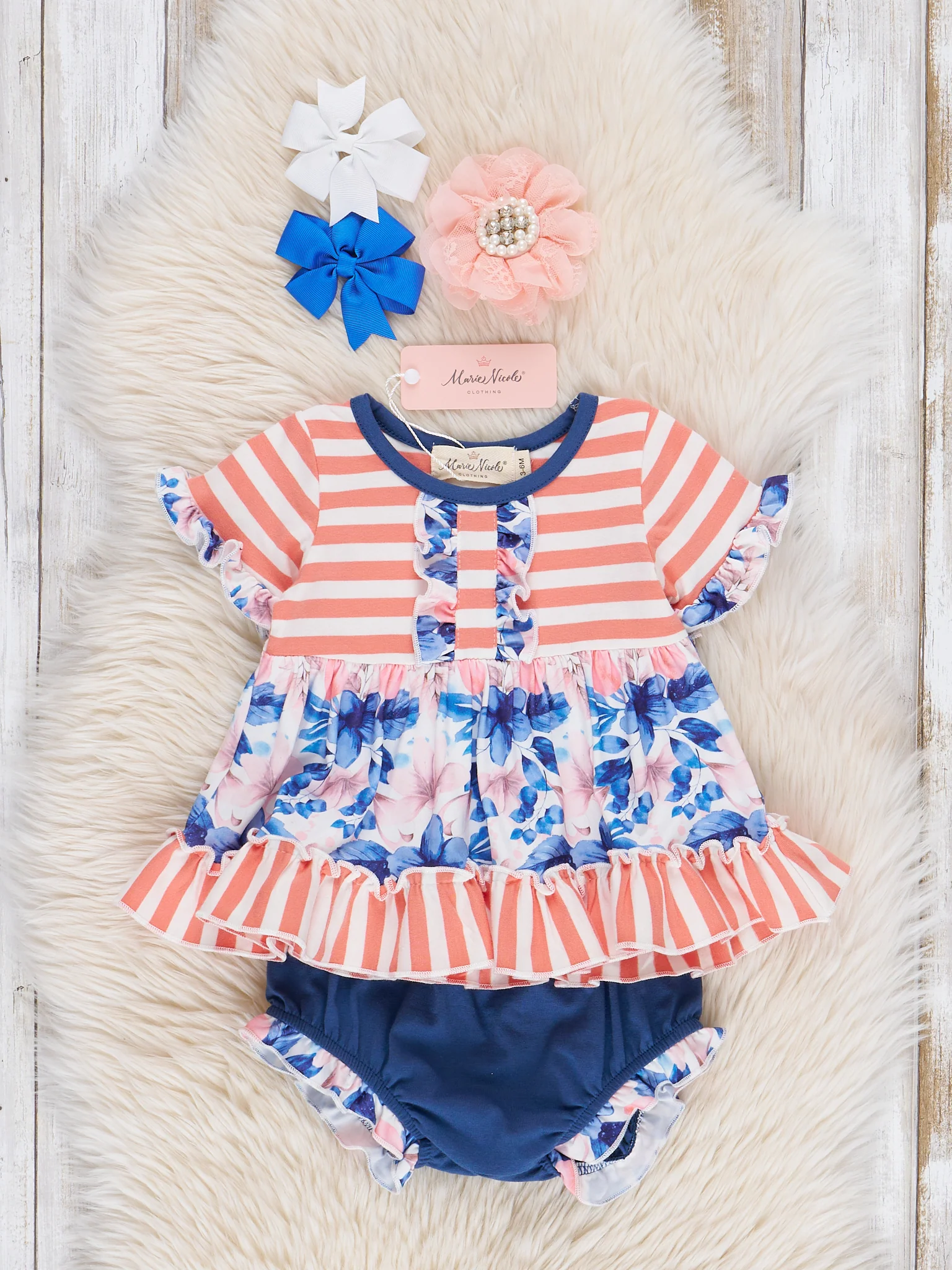 Ringer Striped Florals Bloomers Outfit - Blue & Coral