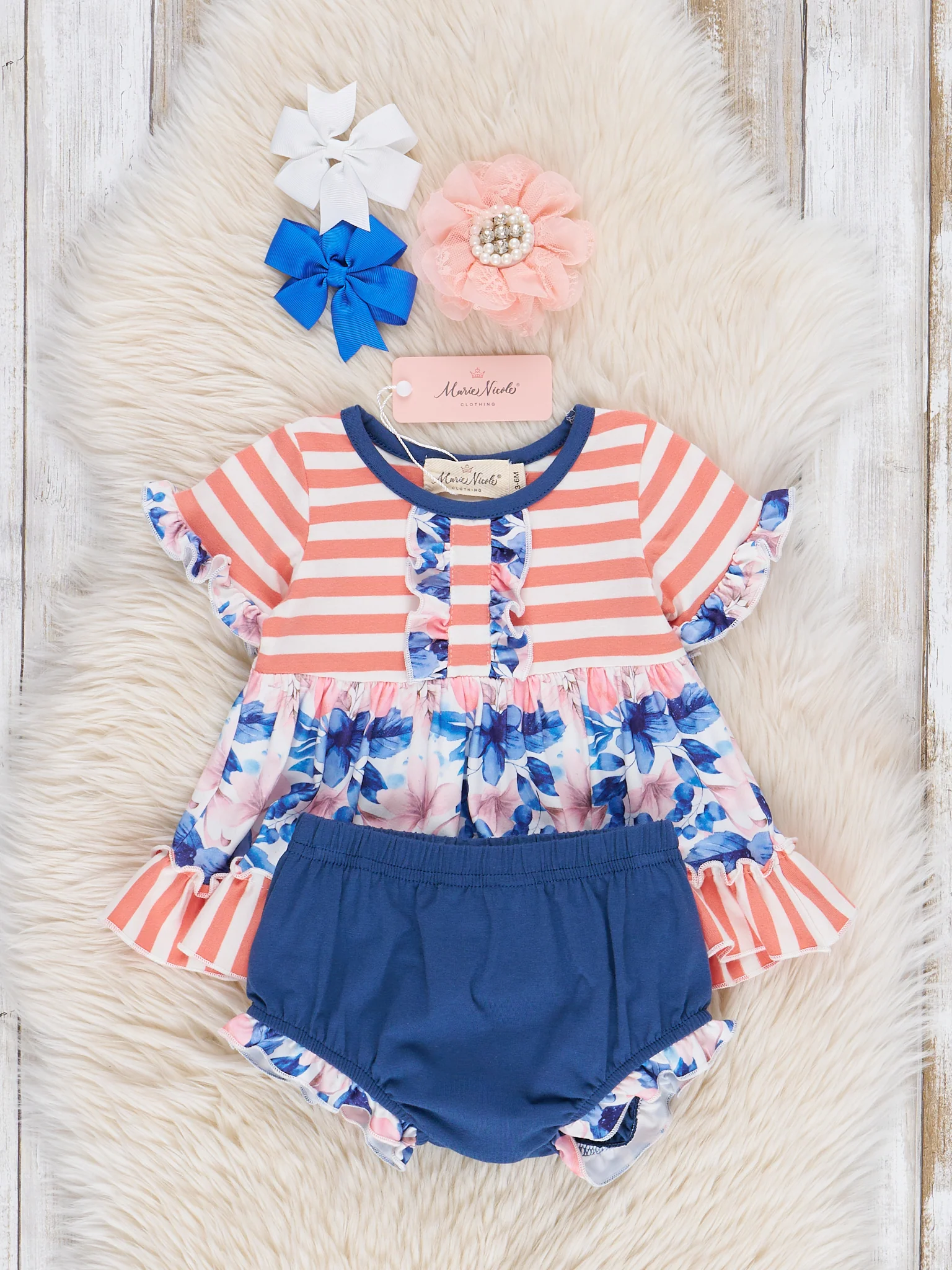 Ringer Striped Florals Bloomers Outfit - Blue & Coral - Image 2