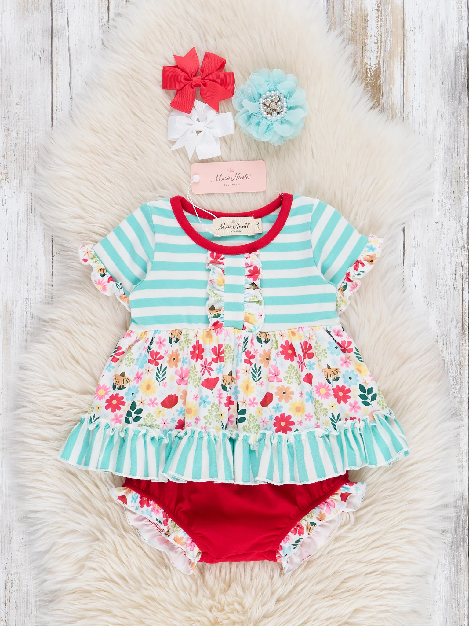 Ringer Striped Florals Bloomers Outfit - Red & Teal