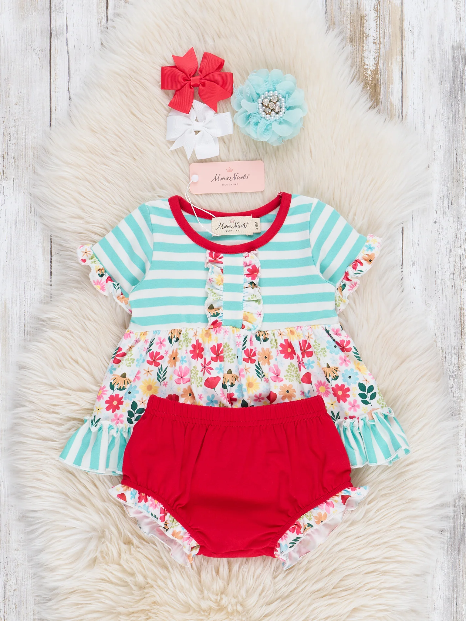 Ringer Striped Florals Bloomers Outfit - Red & Teal - Image 2
