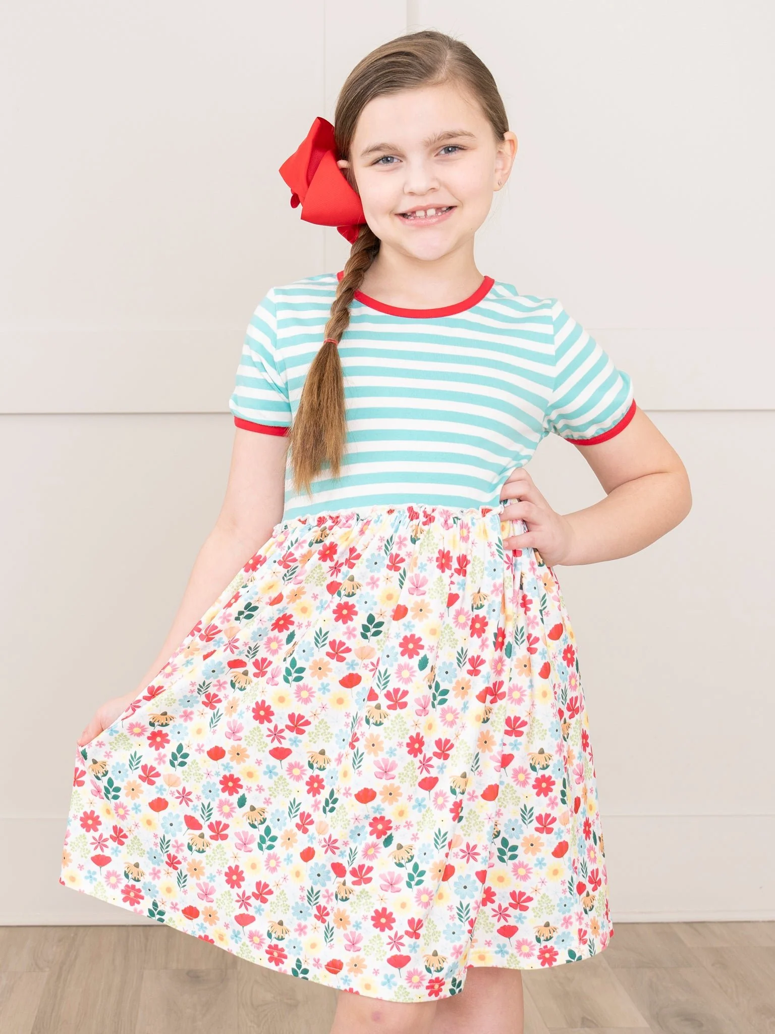 Ringer Striped Florals Dress - Red & Teal