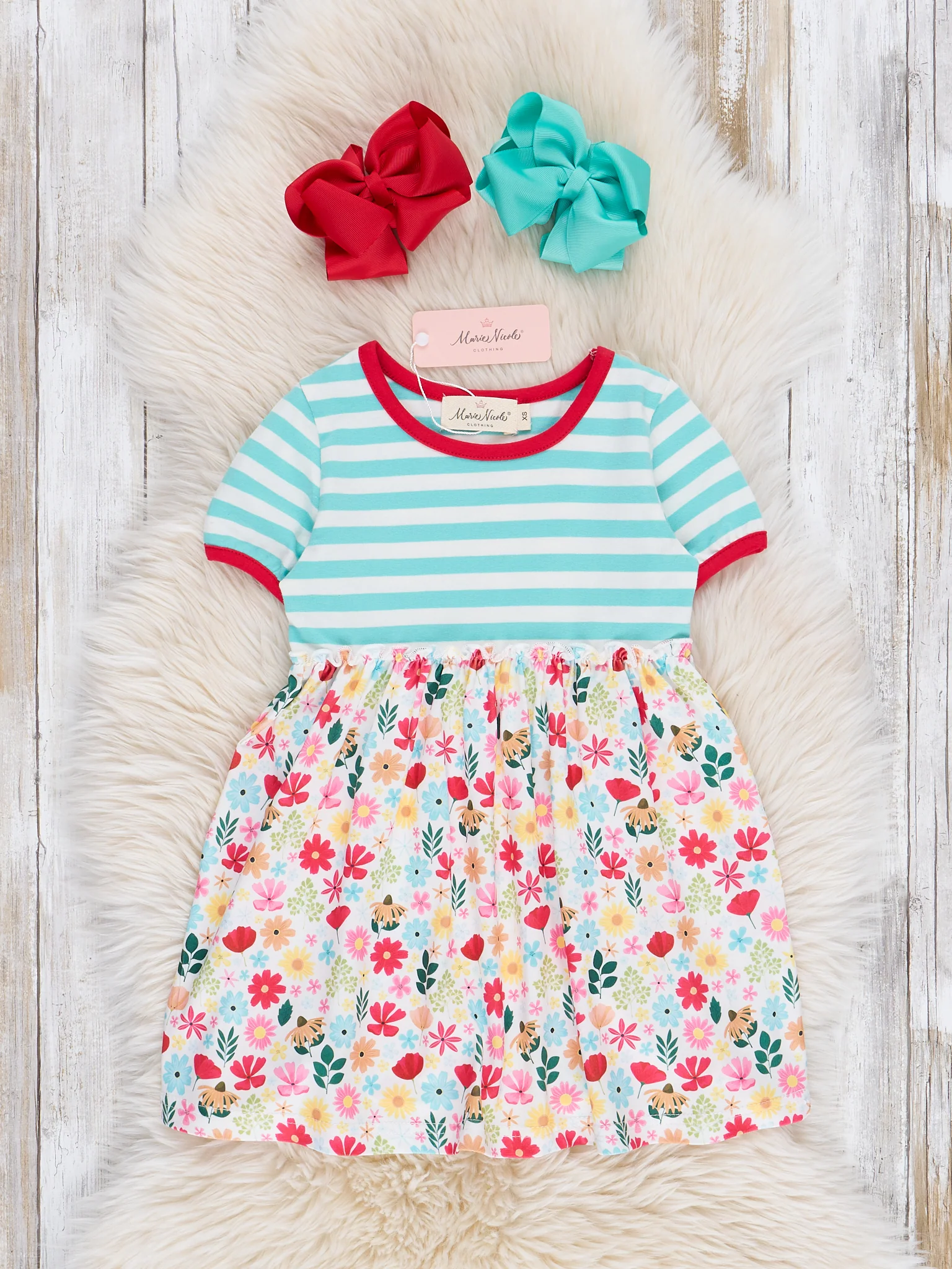 Ringer Striped Florals Dress - Red & Teal - Image 2